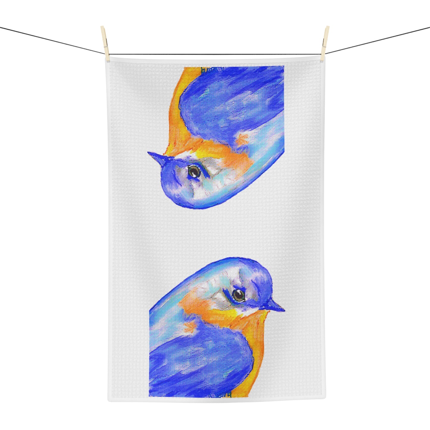 16" x 25" Watercolor bird Microfiber waffle towel- Blue Cava. 80% Polyester, 20% Polyamide. Machine wash, dry on low.