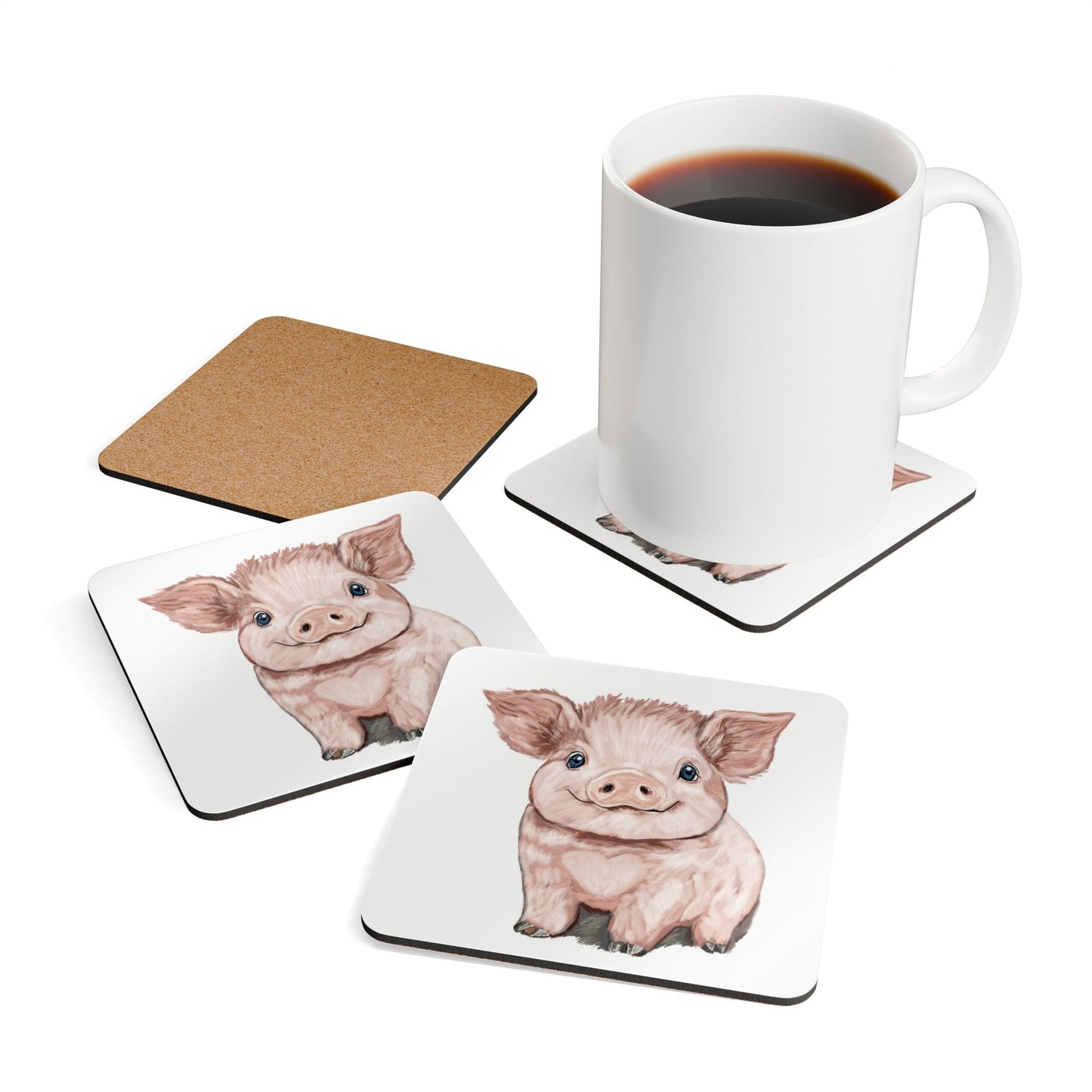 Adorable Pig Corkwood Coaster Set | Farmhouse Decor - Blue Cava