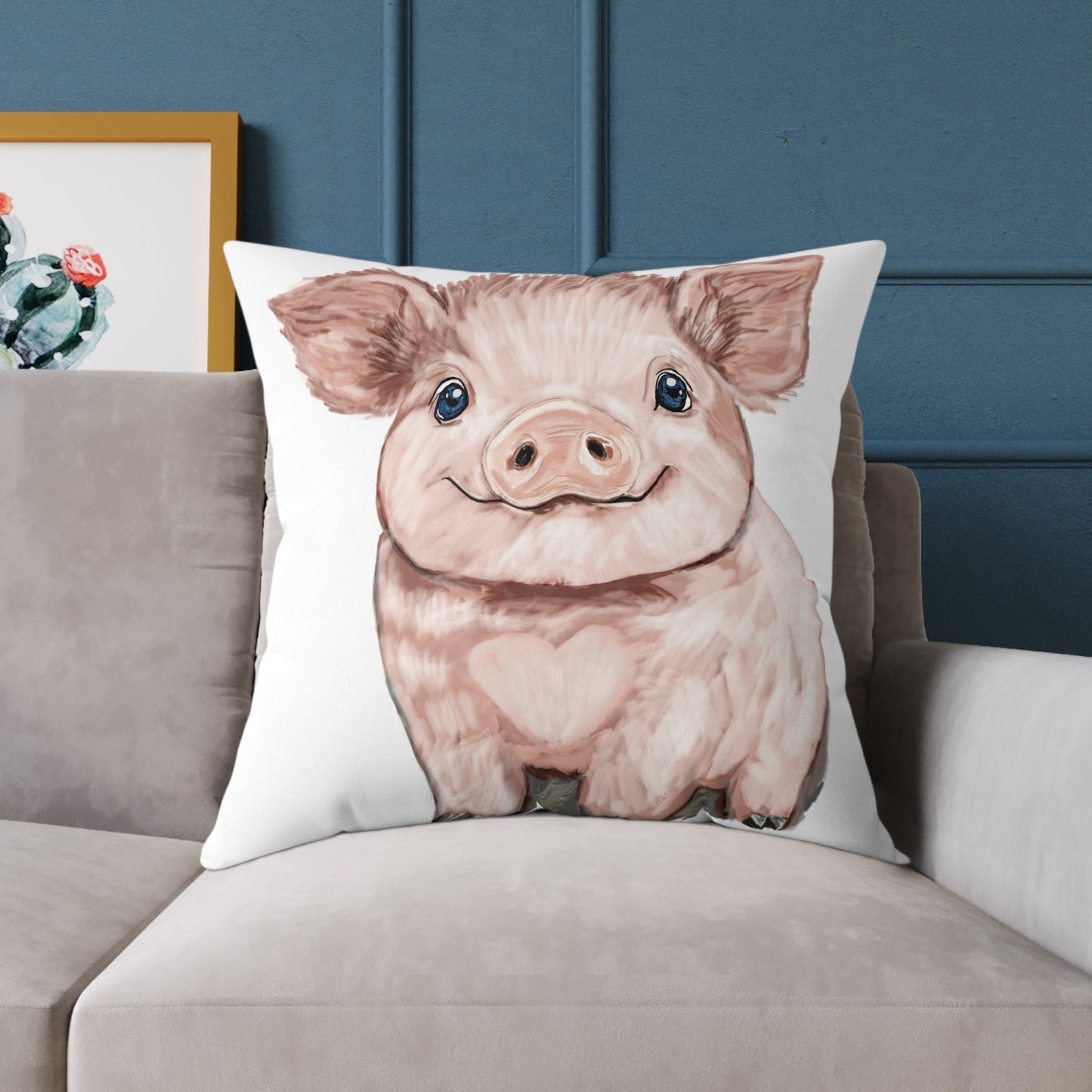 Adorable Piglet Square Pillow, Farmhouse Decor - 16”, 18”, 20” 24” & 26” - Blue Cava