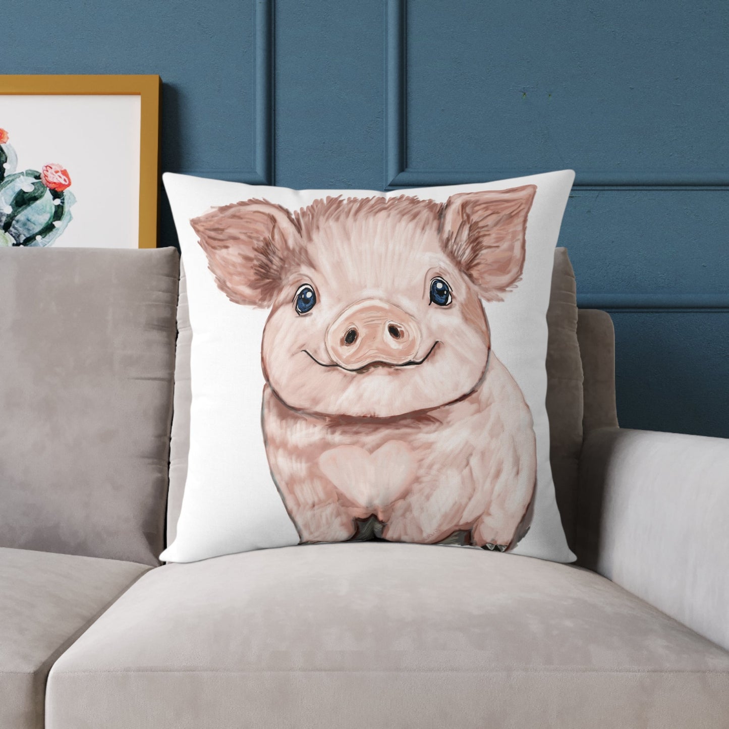 Adorable Piglet Square Pillow, Farmhouse Decor - 16”, 18”, 20” 24” & 26” - Blue Cava