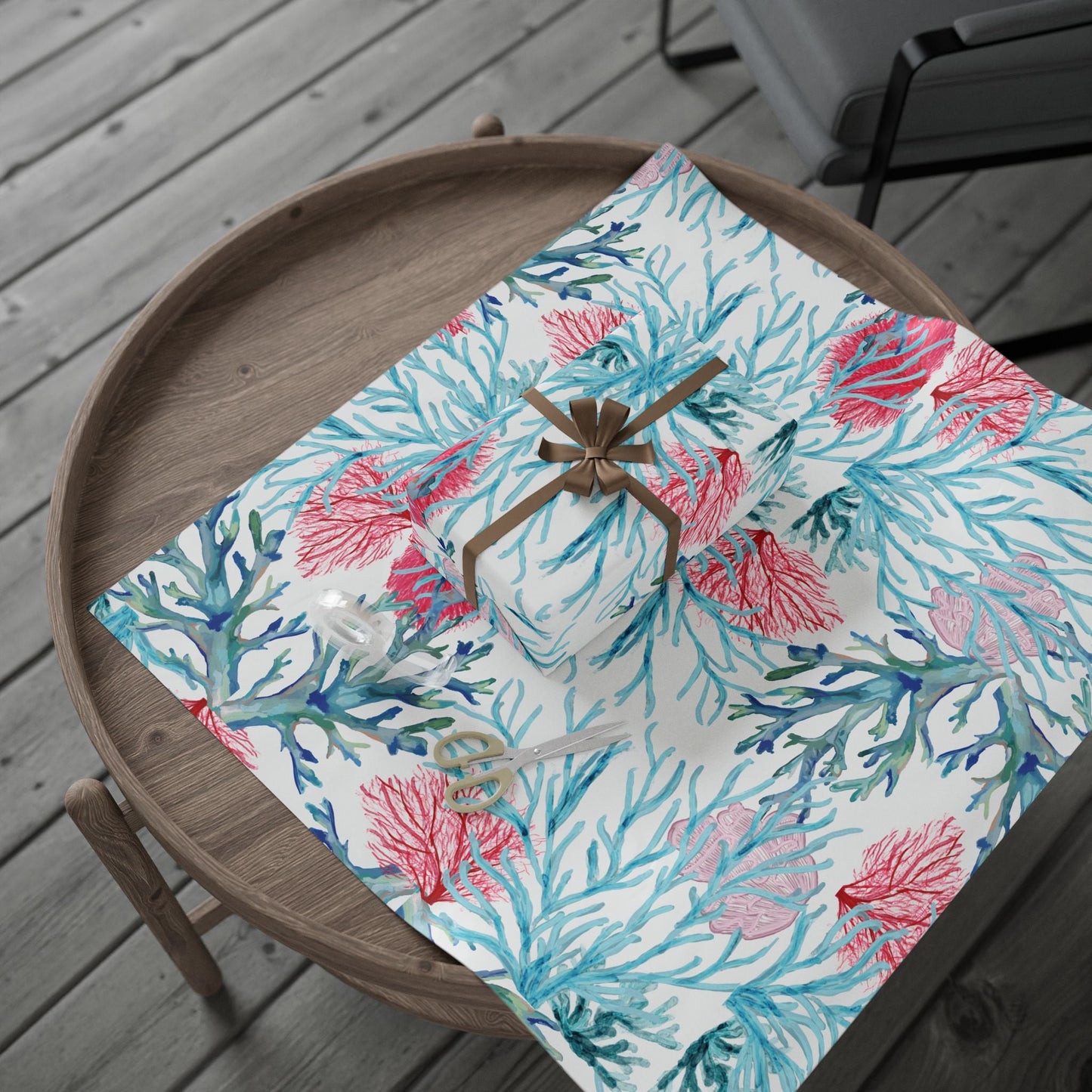 Aquatic Coral Wrapping Paper - Vibrant Coral Design for Gifting - Blue Cava