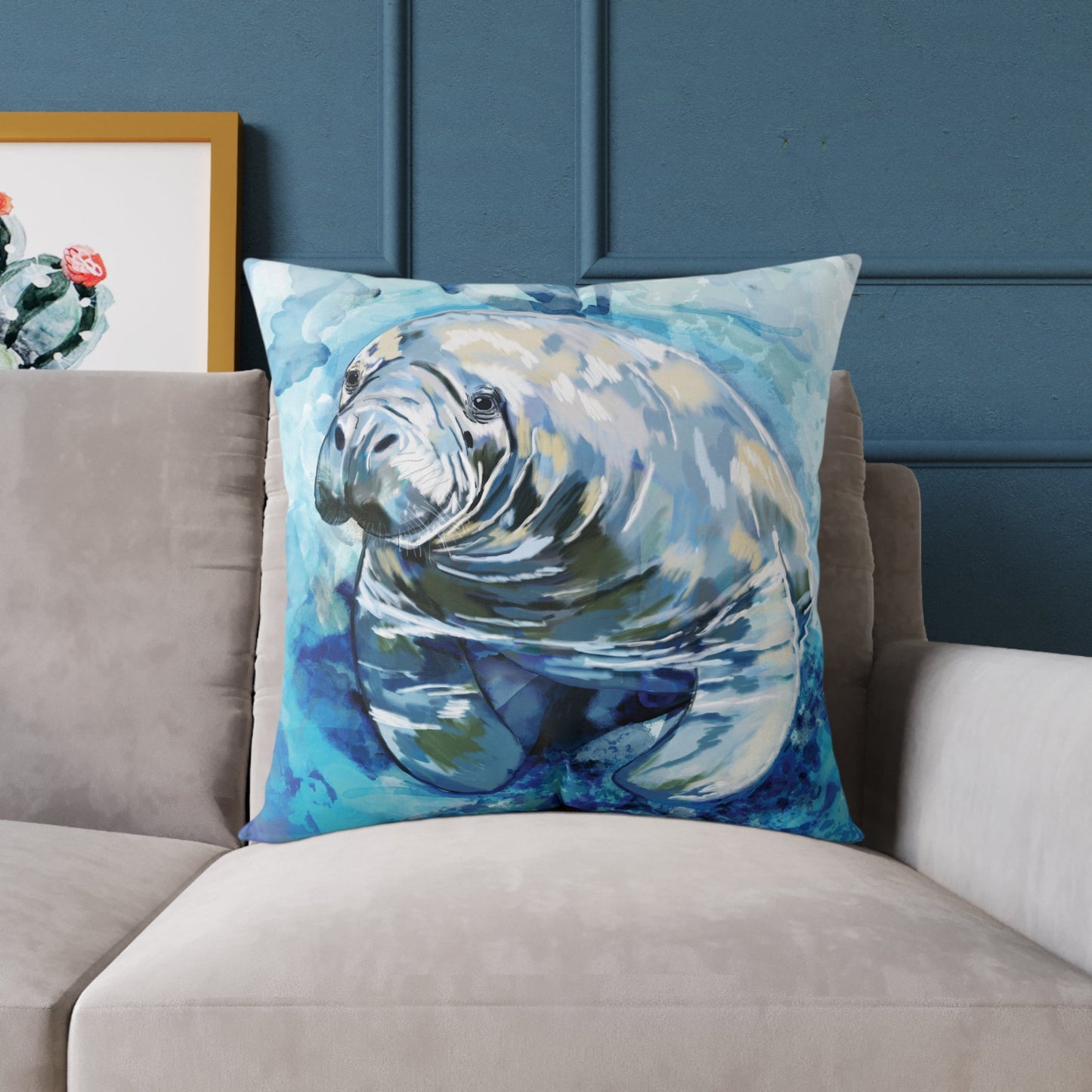 Artistic Manatee Pillow, Nautical Home Accent, Coastal Throw Pillow - 16”, 18”, 20”, 24” 26” - Blue Cava