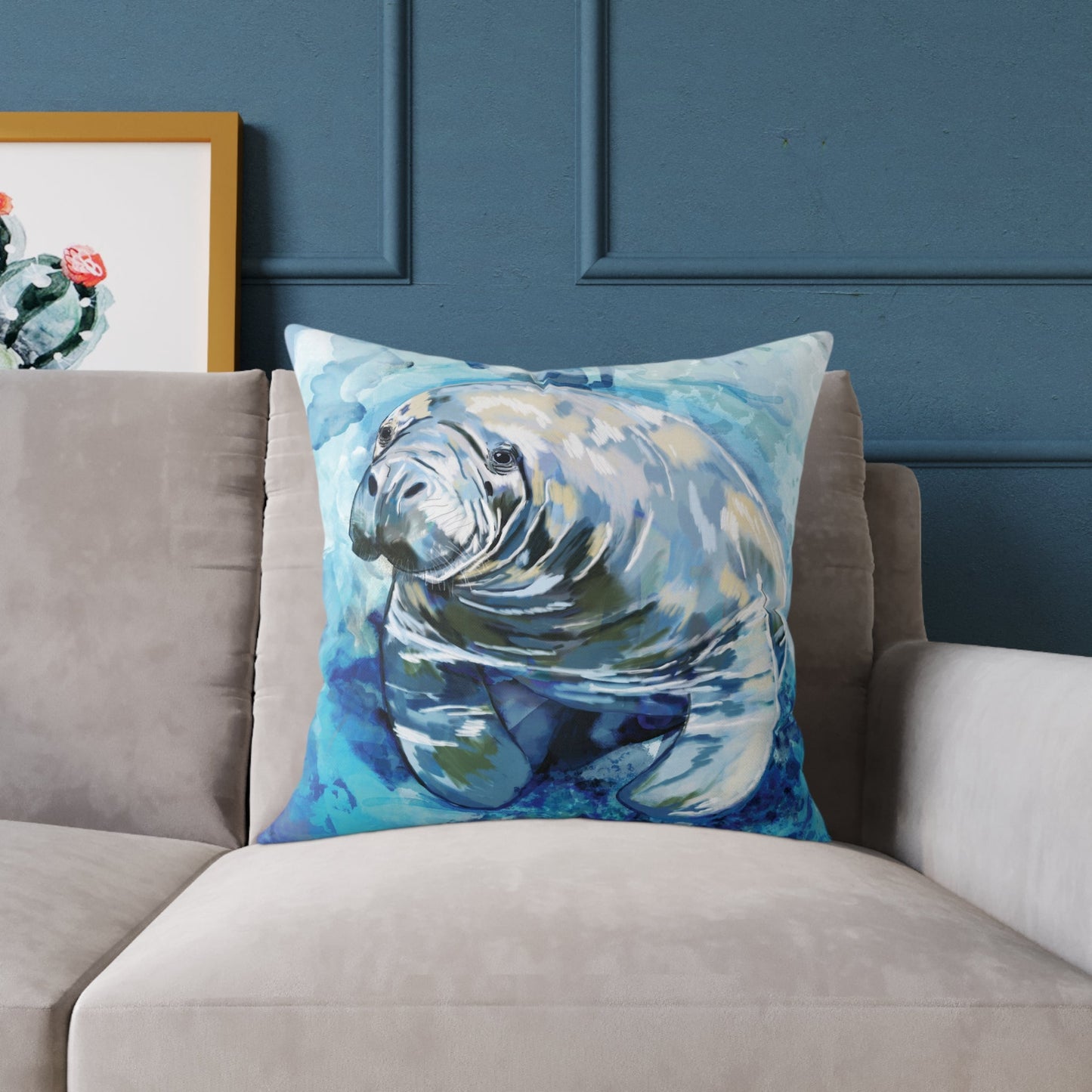 Artistic Manatee Pillow, Nautical Home Accent, Coastal Throw Pillow - 16”, 18”, 20”, 24” 26” - Blue Cava