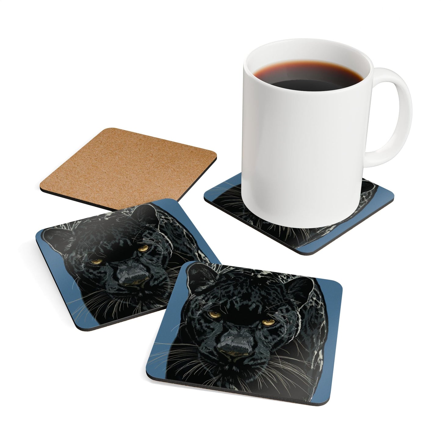 Artistic Panther Corkwood Coaster Set - Nature - Inspired Home Decor - Blue Cava
