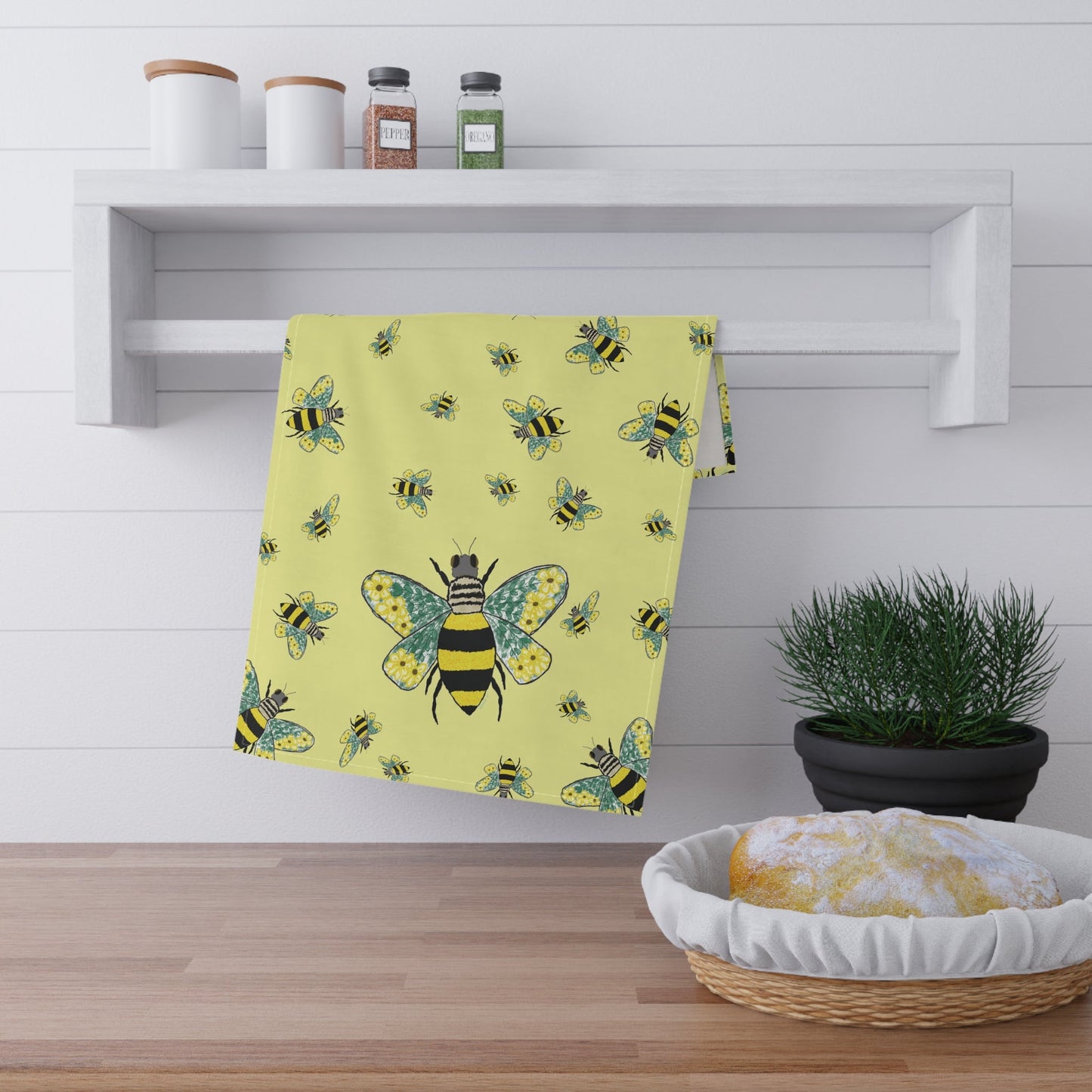 Bee Flower Cotton Kitchen Tea Towels - Blue Cava