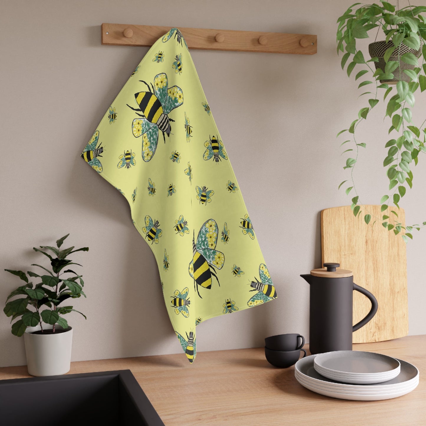 Bee Flower Cotton Kitchen Tea Towels - Blue Cava