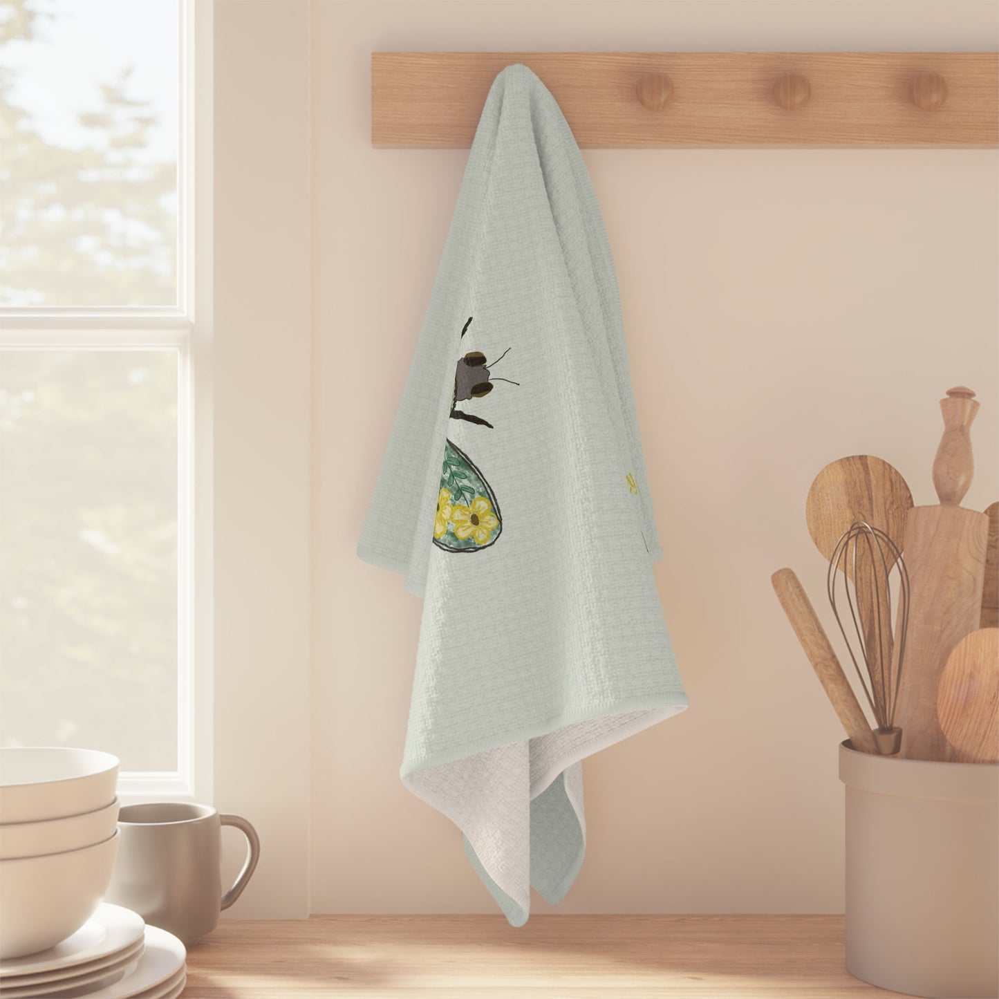 Bee Flower Microfiber Waffle Towel - Blue Cava