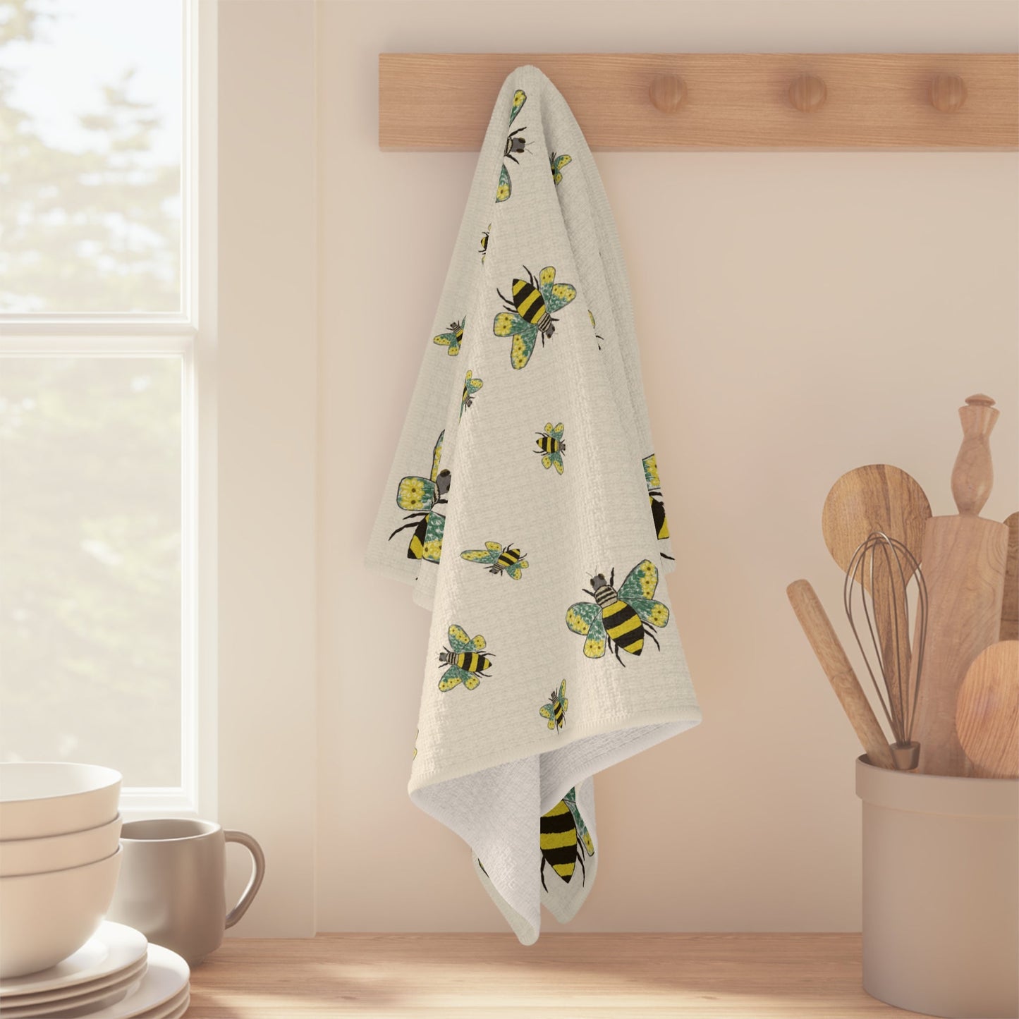 Bee Flowers Microfiber Waffle Towel - Blue Cava