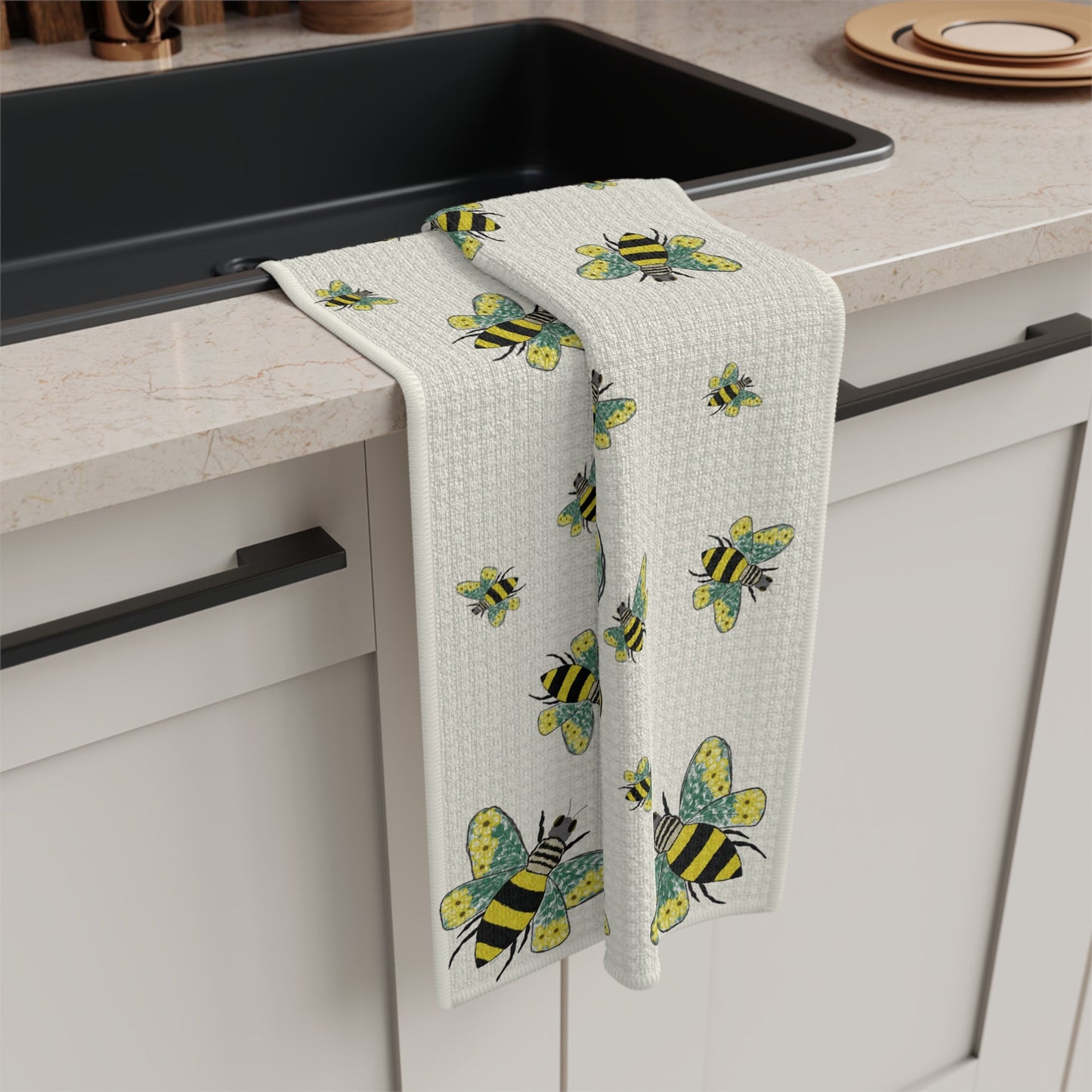Bee Flowers Microfiber Waffle Towel - Blue Cava