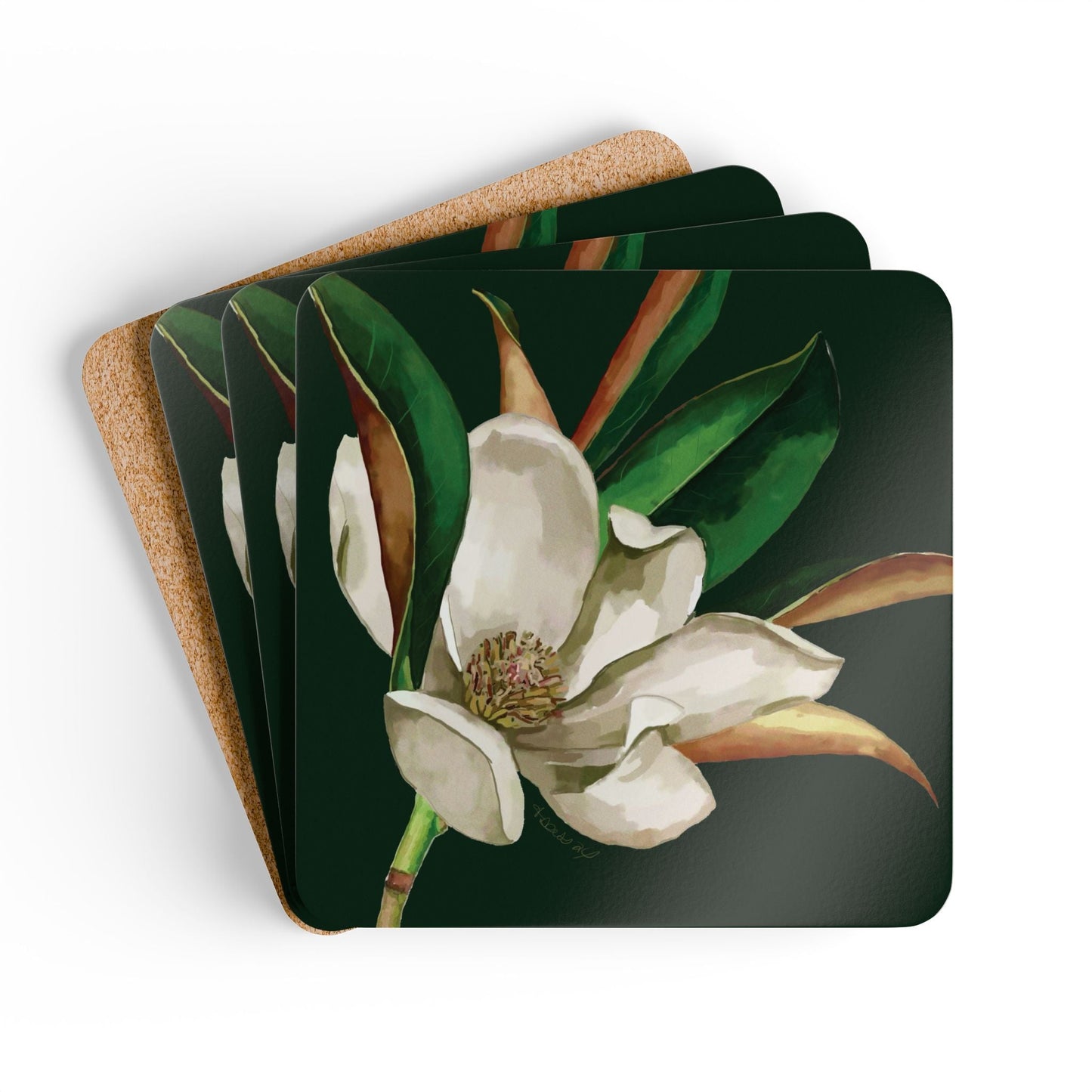 Blooming Magnolia Corkwood Coaster Set - Stylish Home Décor - Blue Cava