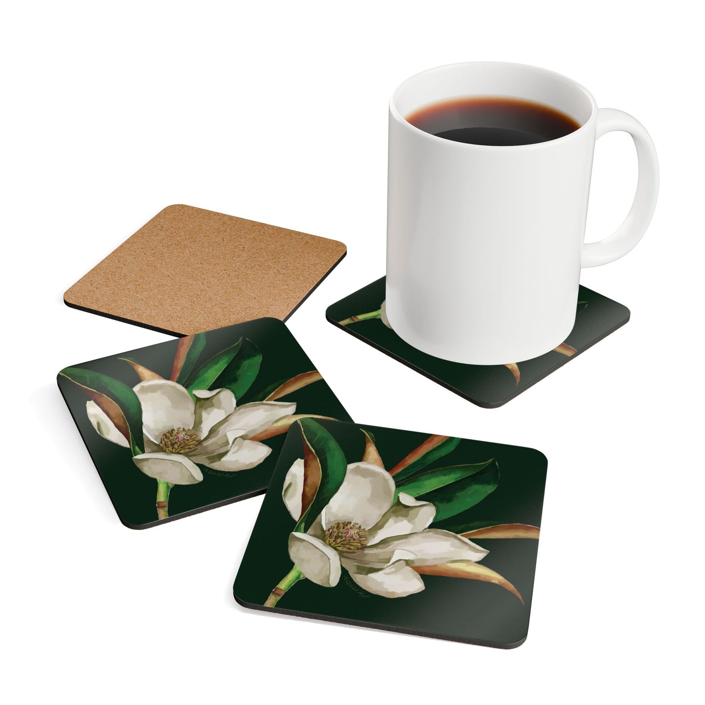 Blooming Magnolia Corkwood Coaster Set - Stylish Home Décor - Blue Cava