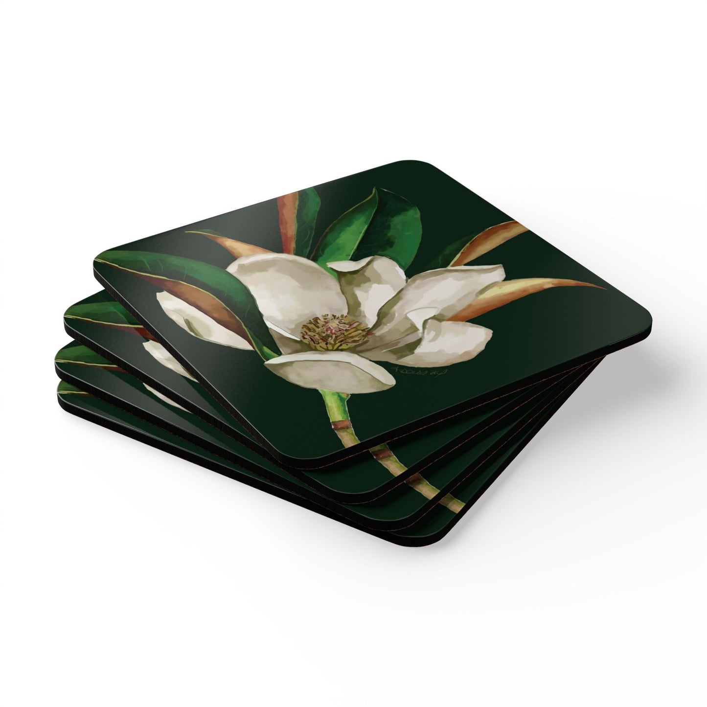 Blooming Magnolia Corkwood Coaster Set - Stylish Home Décor - Blue Cava