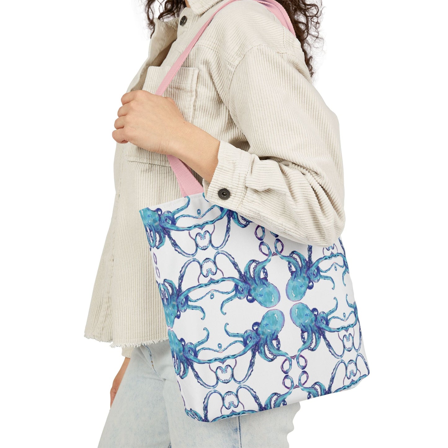 Blue Octopus Canvas Tote Bag with Color Straps, Eco - Friendly Tote - Blue Cava