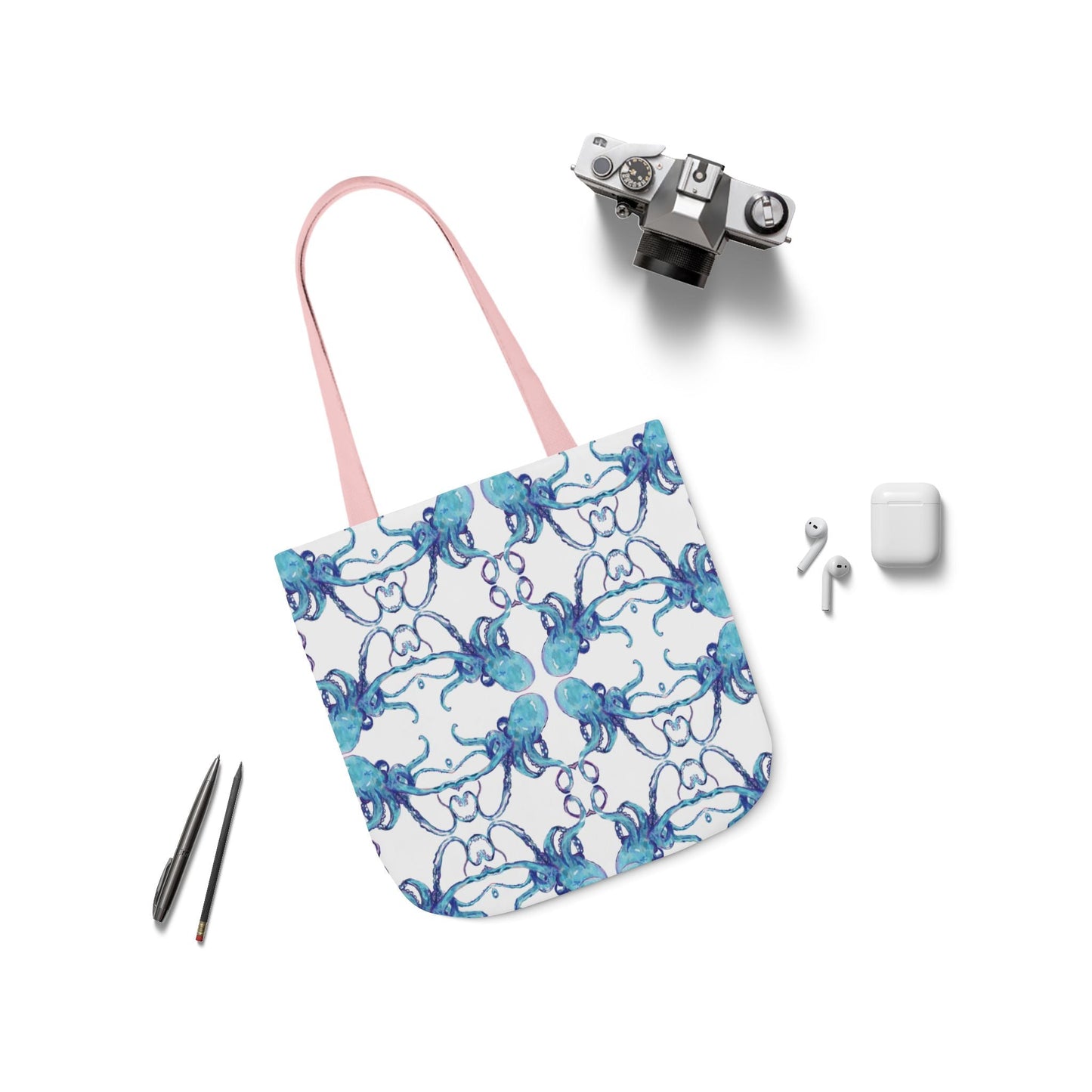 Blue Octopus Canvas Tote Bag with Color Straps, Eco - Friendly Tote - Blue Cava
