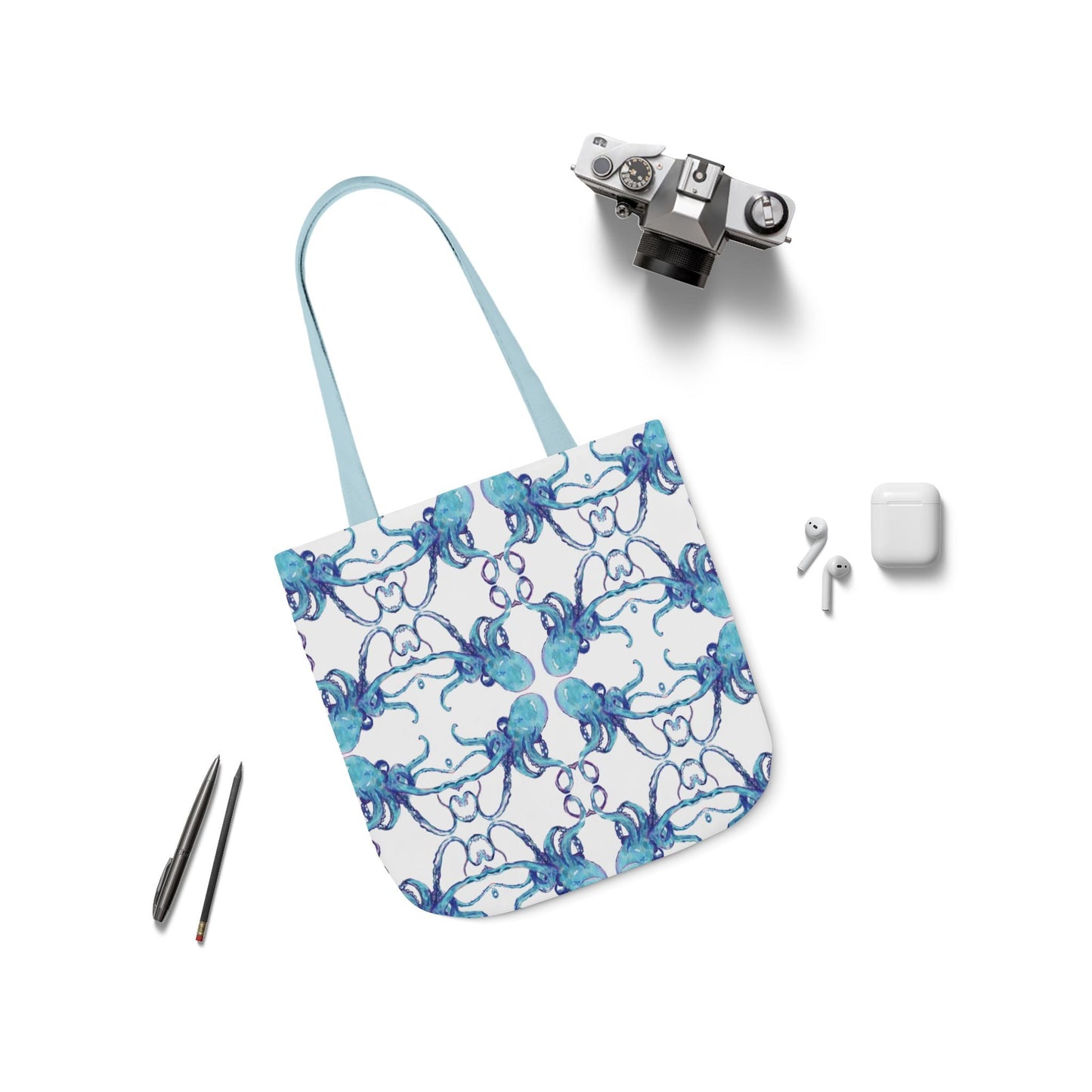 Blue Octopus Canvas Tote Bag with Color Straps, Eco - Friendly Tote - Blue Cava