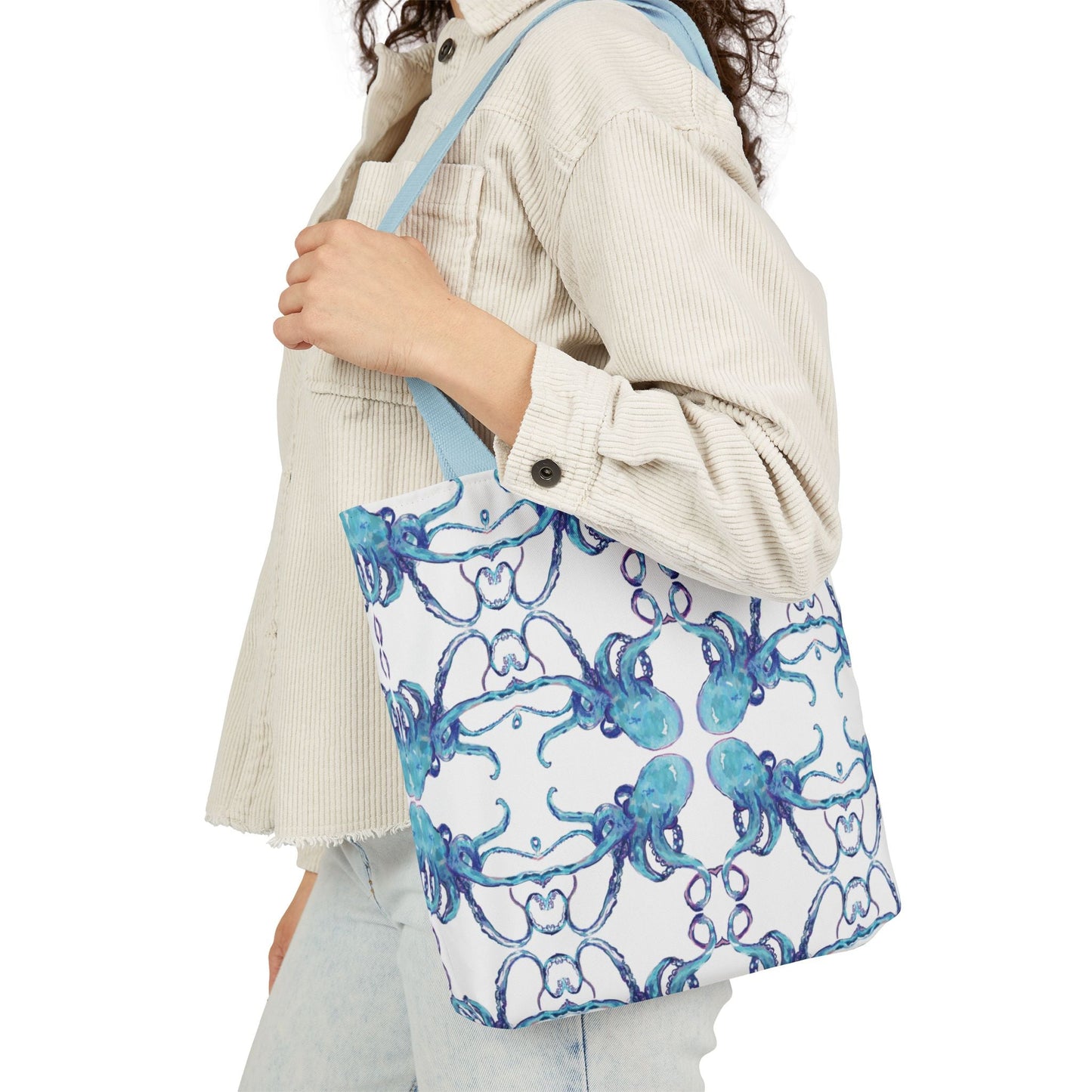 Blue Octopus Canvas Tote Bag with Color Straps, Eco - Friendly Tote - Blue Cava