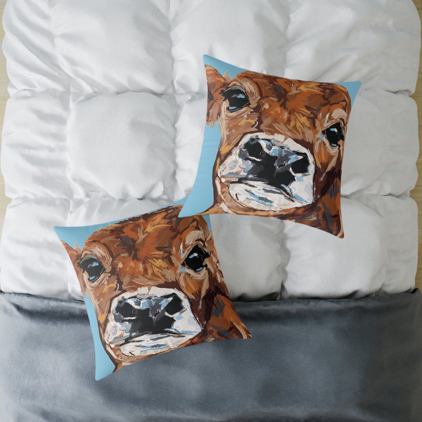 Brown Cow Design Square Poly Canvas Pillow - Farmhouse Decor - Blue Cava