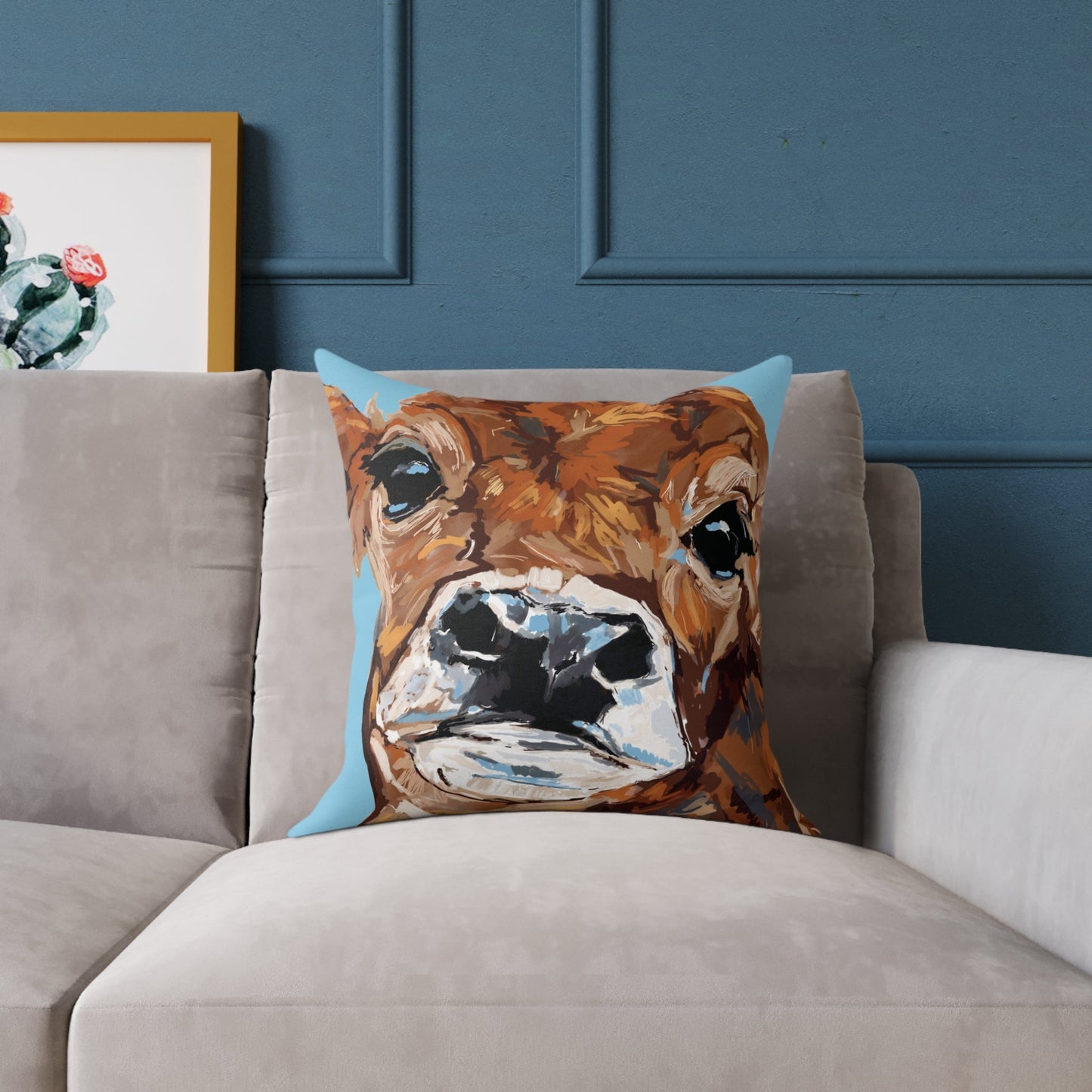 Brown Cow Design Square Poly Canvas Pillow - Farmhouse Decor - Blue Cava