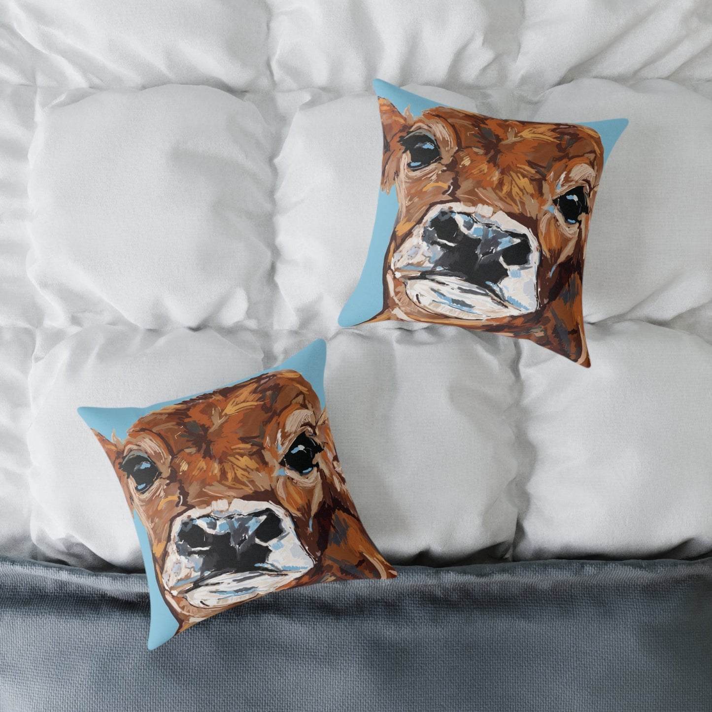 Brown Cow Design Square Poly Canvas Pillow - Farmhouse Decor - Blue Cava