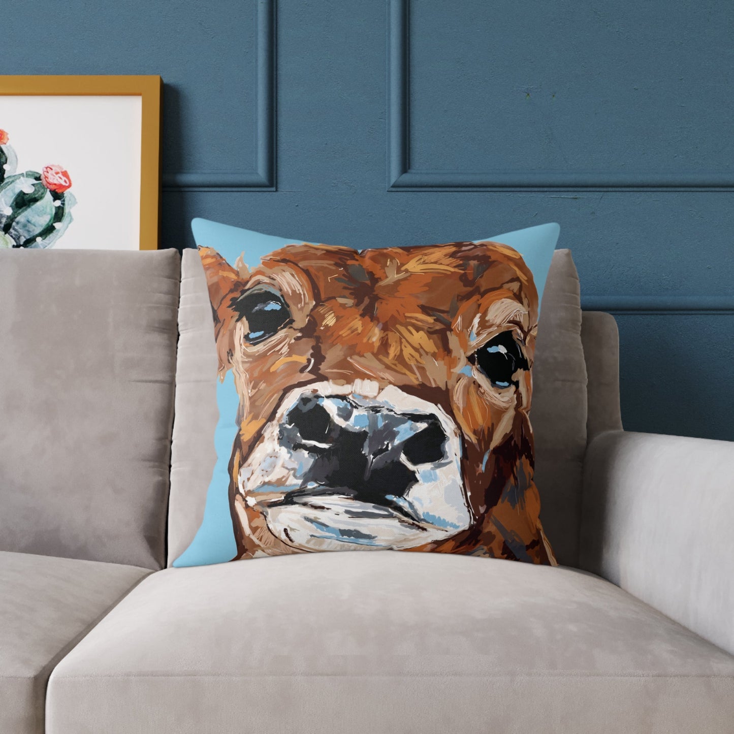 Brown Cow Design Square Poly Canvas Pillow - Farmhouse Decor - Blue Cava