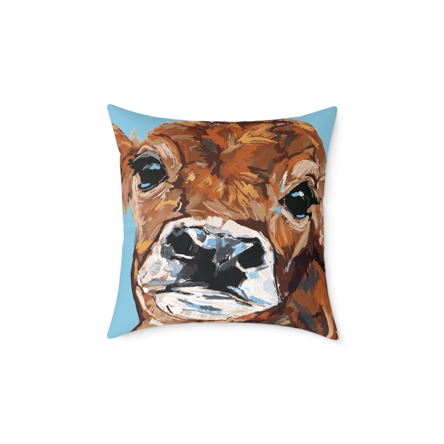 Brown Cow Design Square Poly Canvas Pillow - Farmhouse Decor - Blue Cava