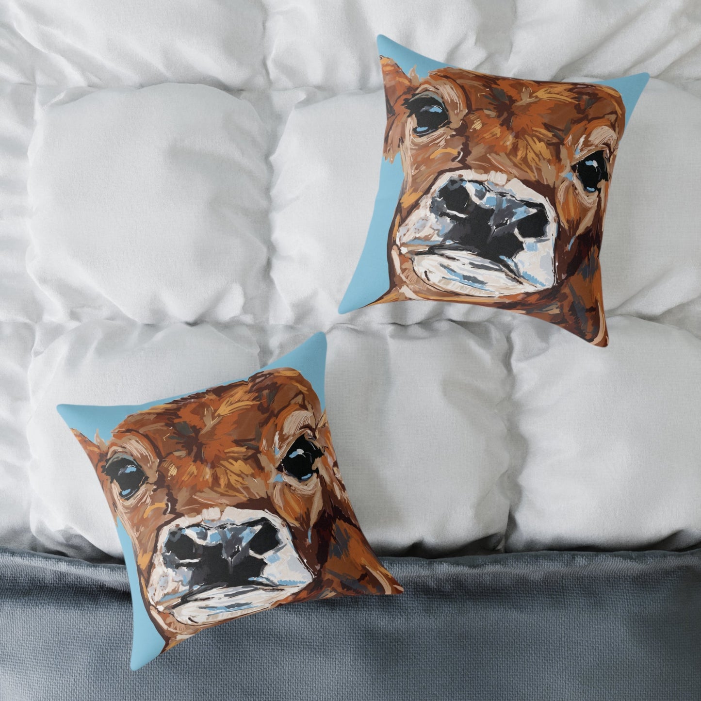 Brown Cow Design Square Poly Canvas Pillow - Farmhouse Decor - Blue Cava