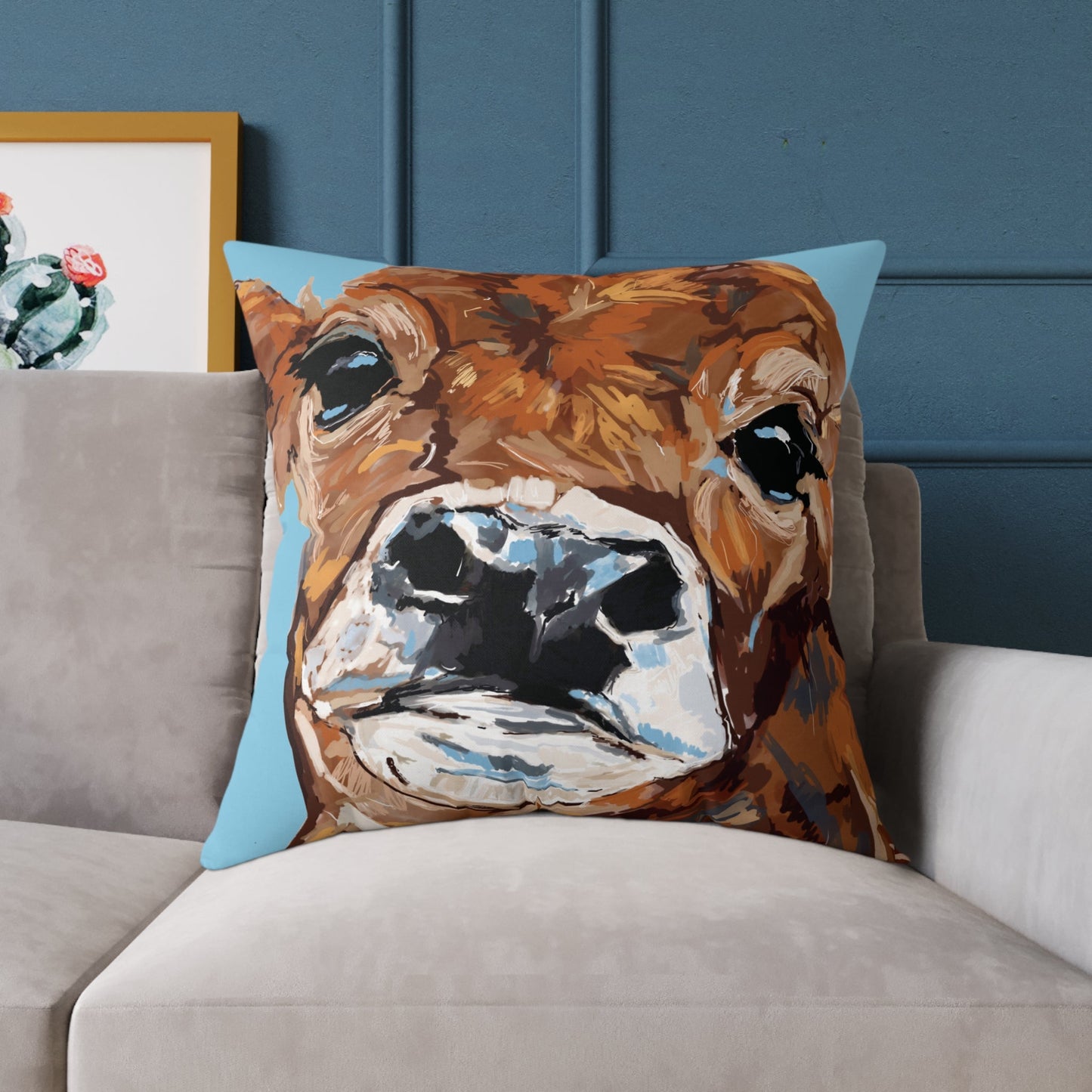 Brown Cow Design Square Poly Canvas Pillow - Farmhouse Decor - Blue Cava