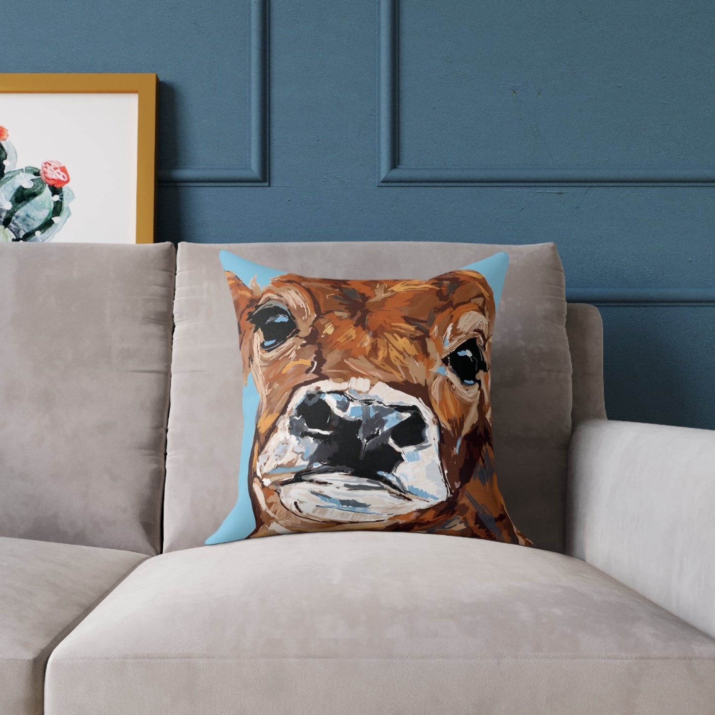Brown Cow Design Square Poly Canvas Pillow - Farmhouse Decor - Blue Cava