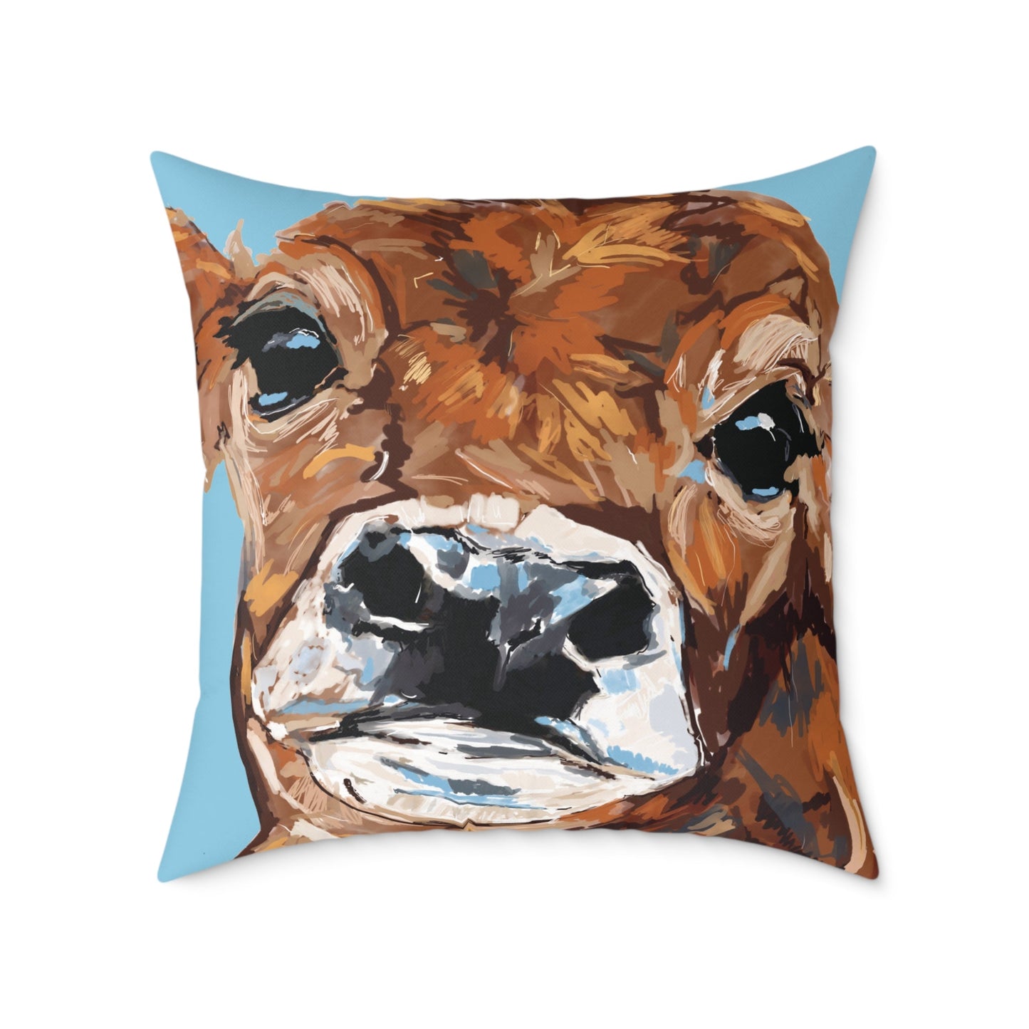 Brown Cow Design Square Poly Canvas Pillow - Farmhouse Decor - Blue Cava