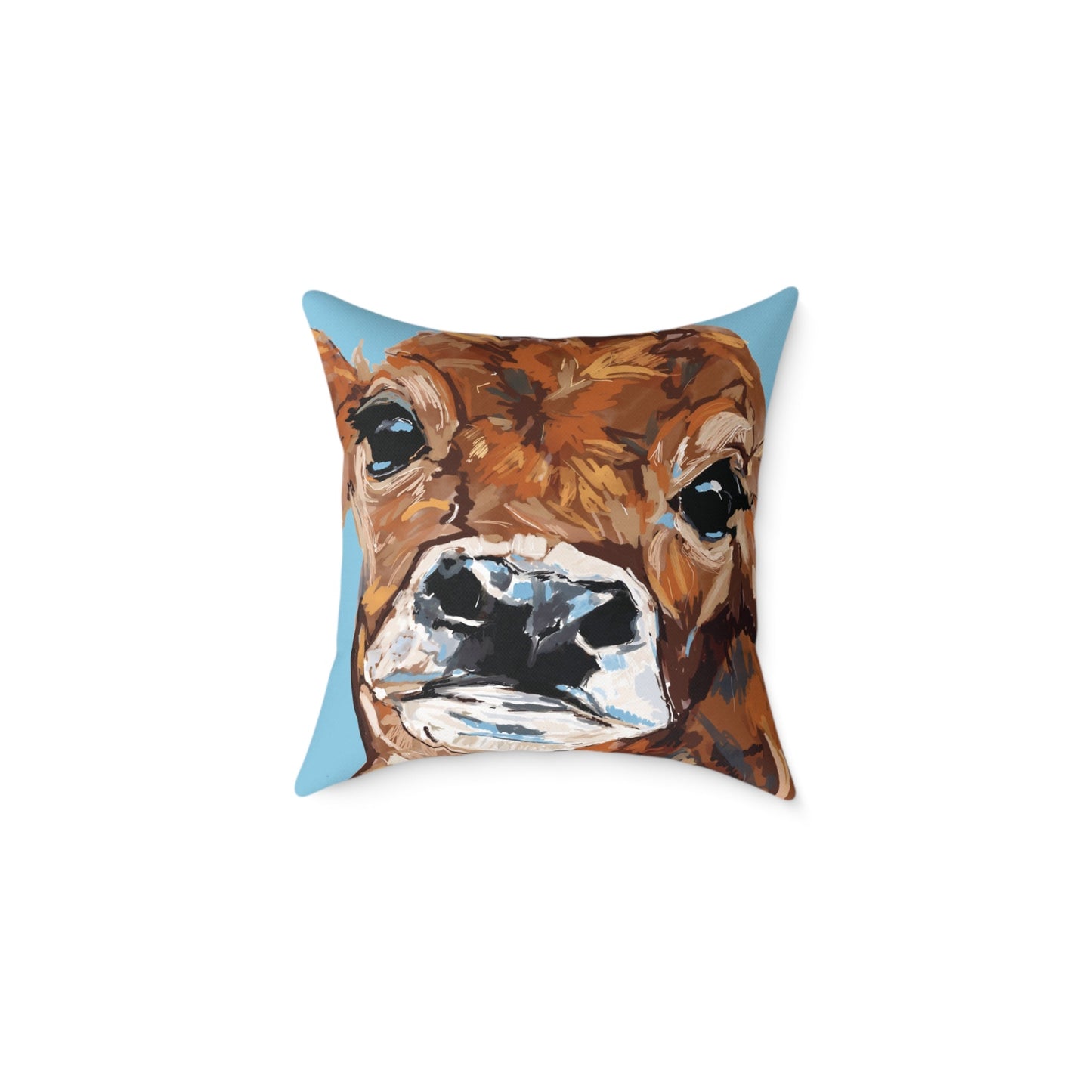 Brown Cow Design Square Poly Canvas Pillow - Farmhouse Decor - Blue Cava