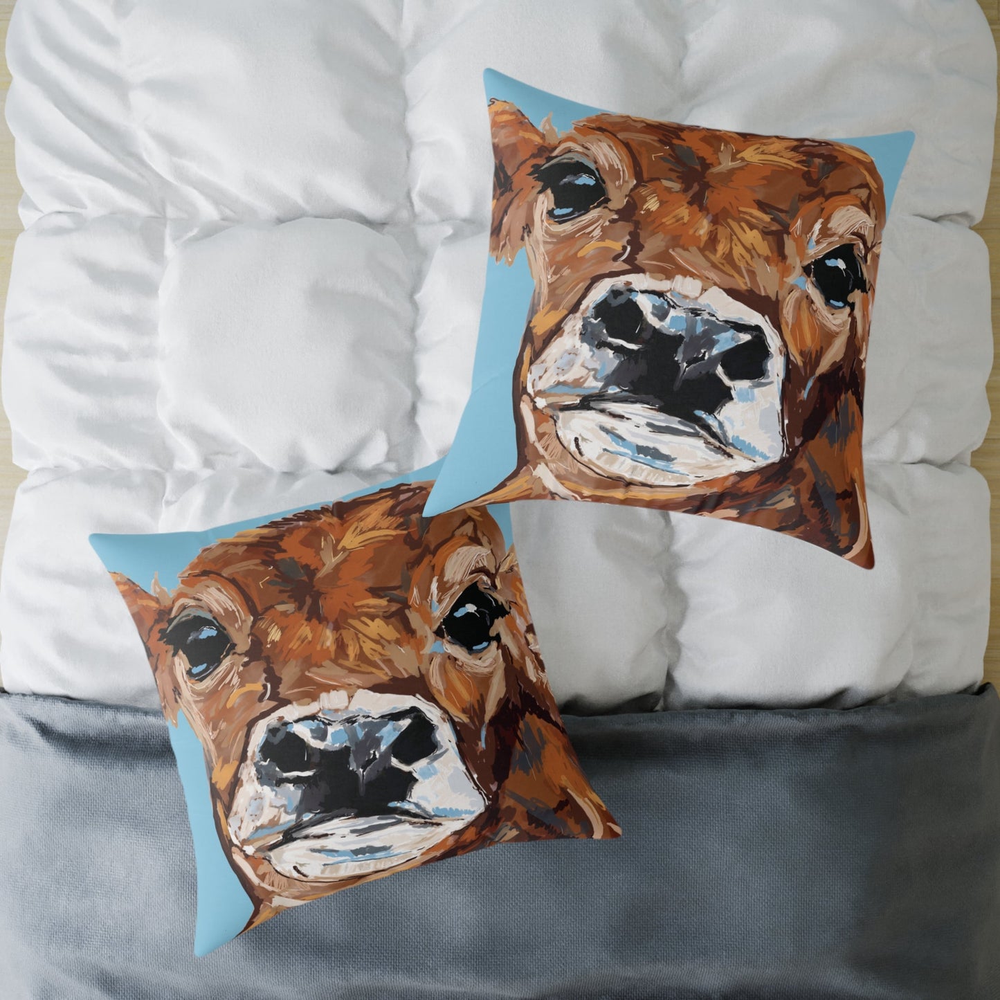 Brown Cow Design Square Poly Canvas Pillow - Farmhouse Decor - Blue Cava