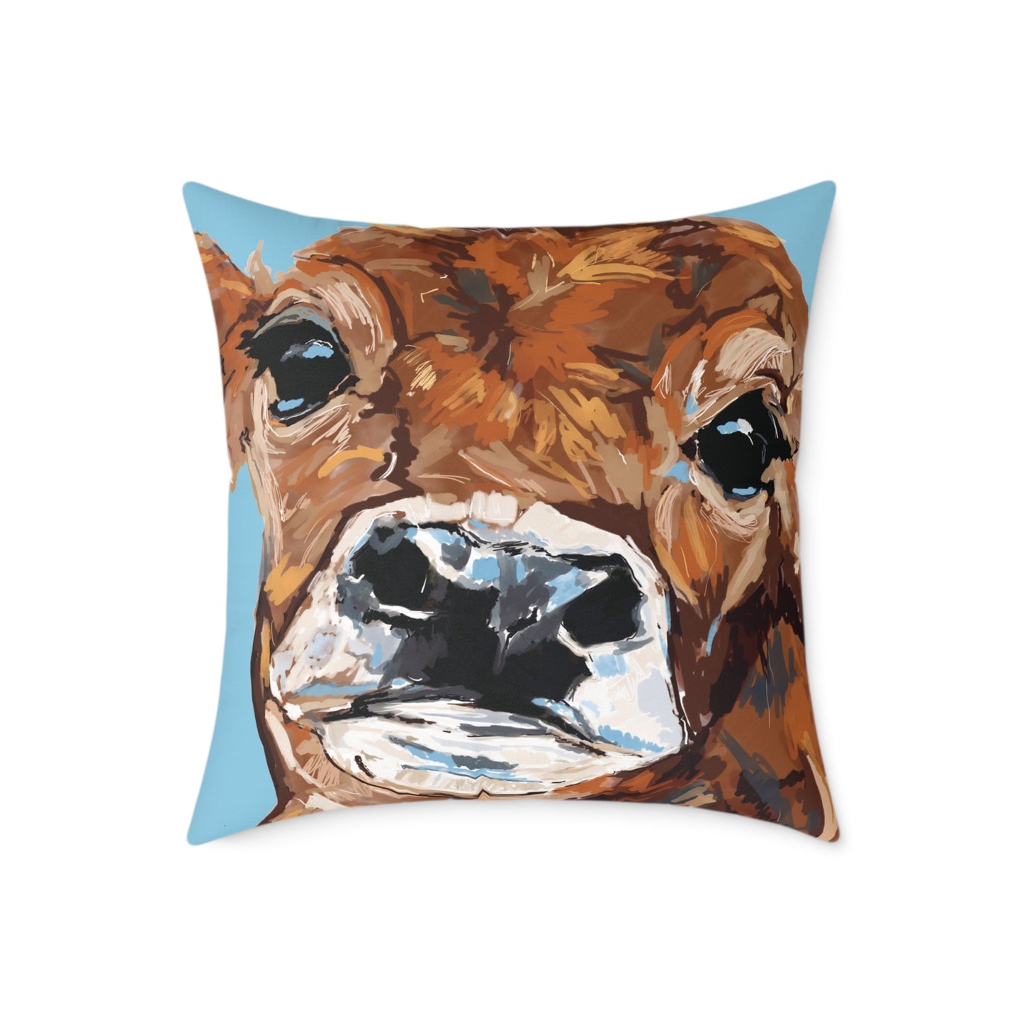 Brown Cow Design Square Poly Canvas Pillow - Farmhouse Decor - Blue Cava