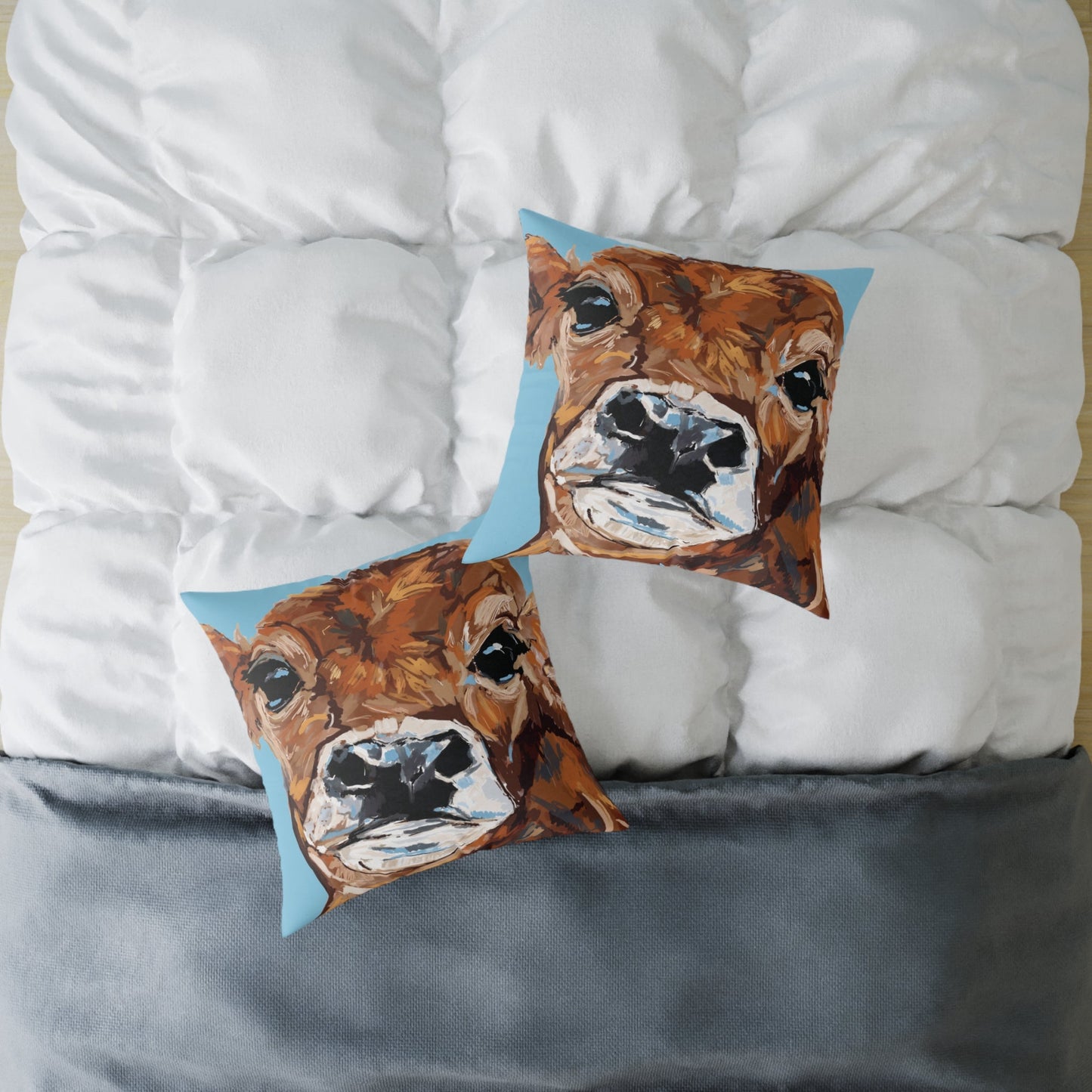Brown Cow Design Square Poly Canvas Pillow - Farmhouse Decor - Blue Cava