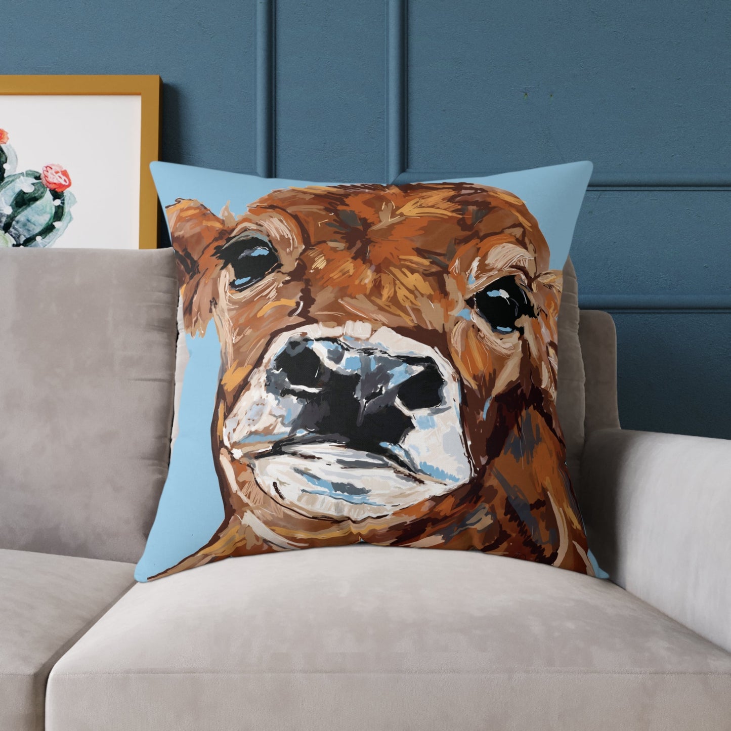 Brown Cow Farmhouse Square Poly Canvas Throw Pillows - Blue Cava