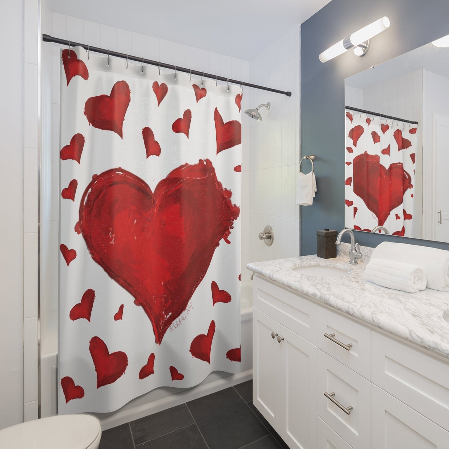 Bursting Heart Shower Curtain – Perfect for Valentine's Day and Love - filled Bathrooms - Blue Cava