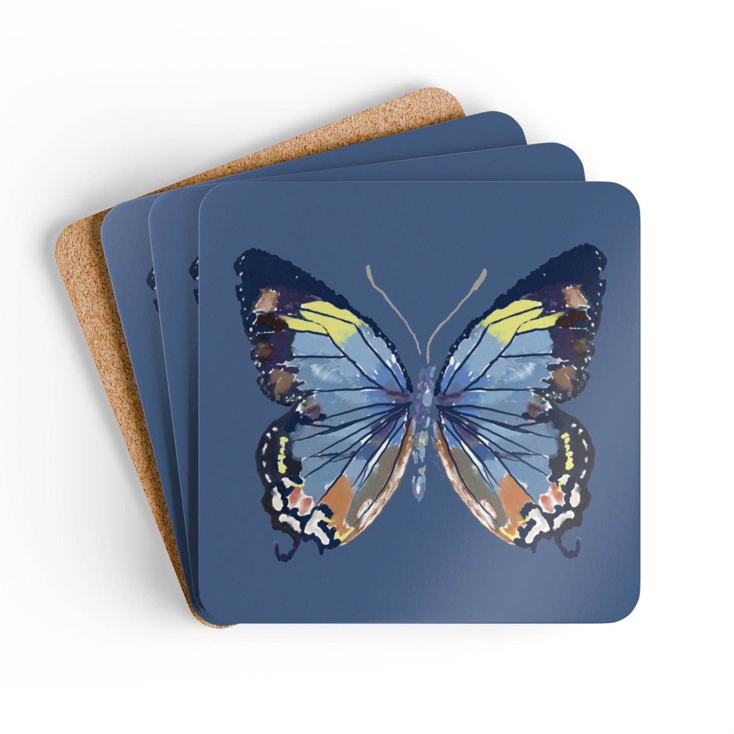 Butterfly Cork Coaster Set - Eco - Friendly Drinkware Accessories - Blue Cava