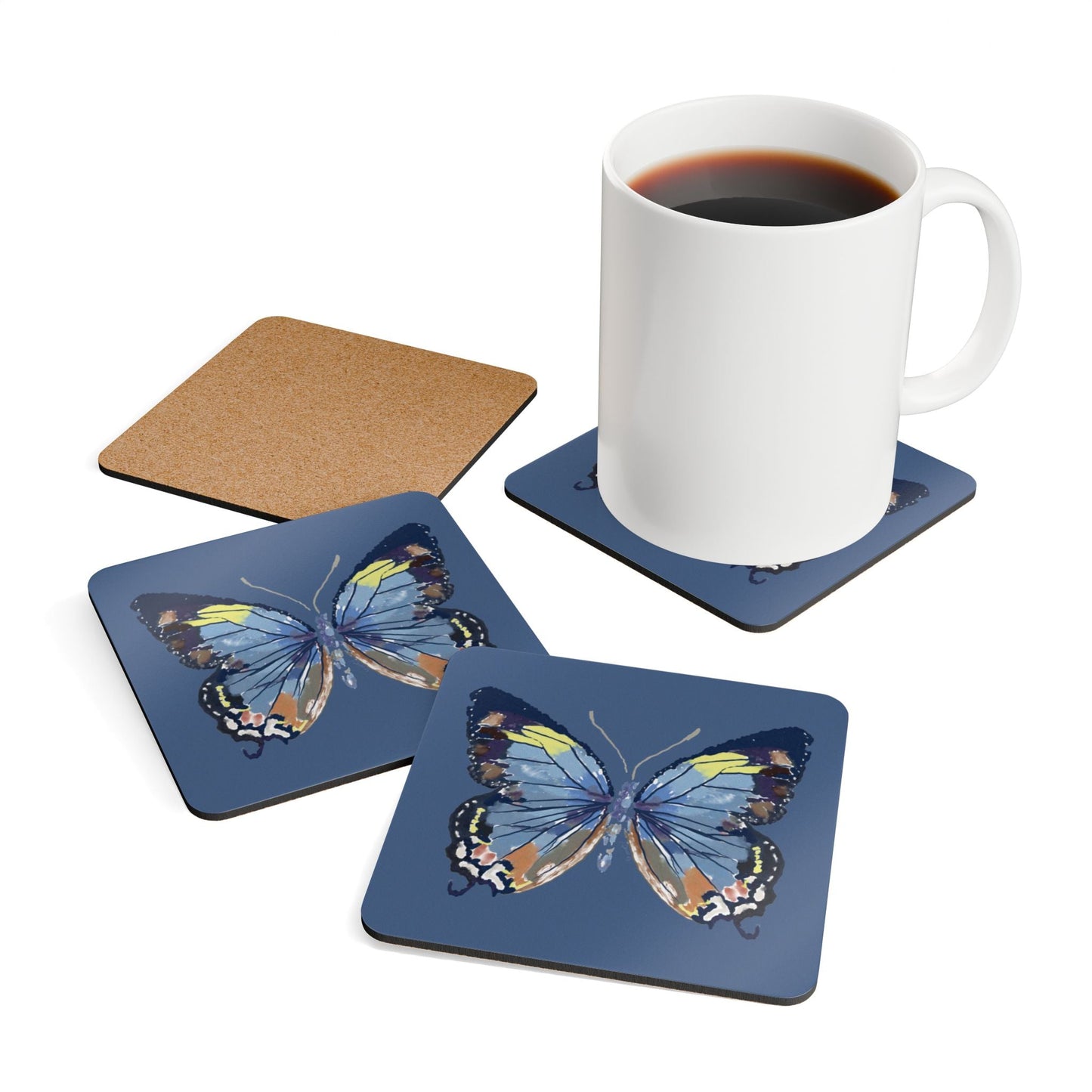 Butterfly Cork Coaster Set - Eco - Friendly Drinkware Accessories - Blue Cava