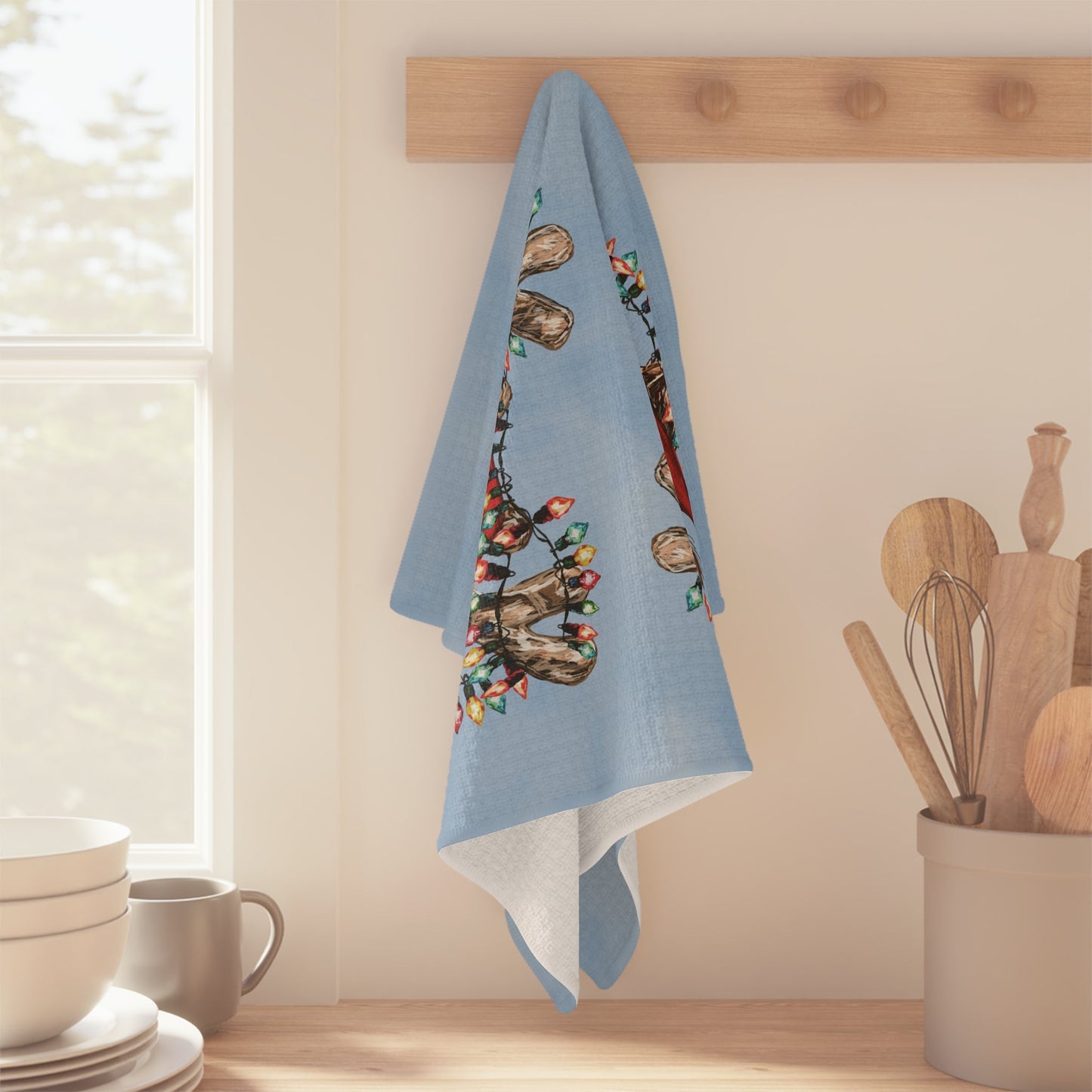 Cheerful Reindeer Microfiber Waffle Kitchen Towel - Blue Cava