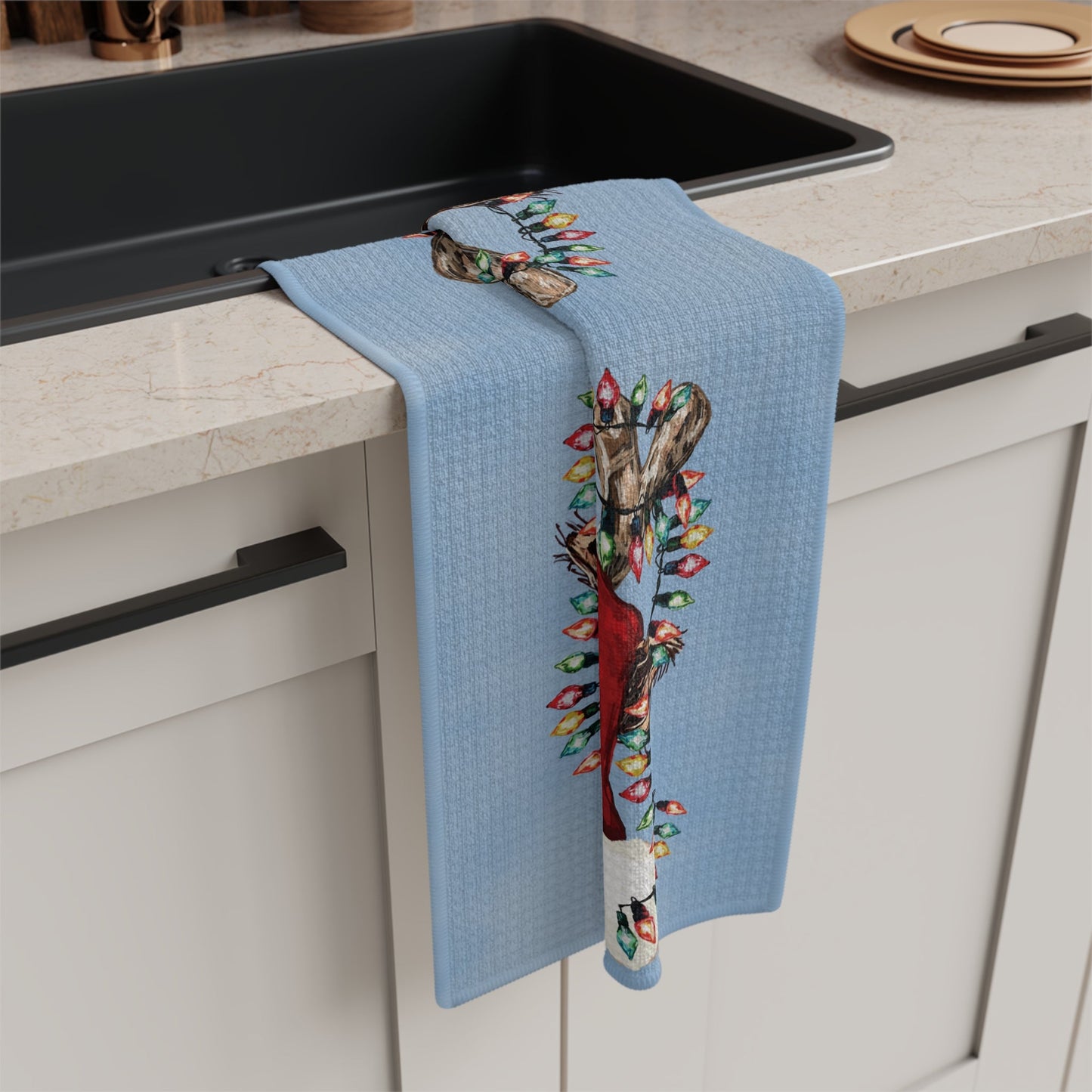Cheerful Reindeer Microfiber Waffle Kitchen Towel - Blue Cava