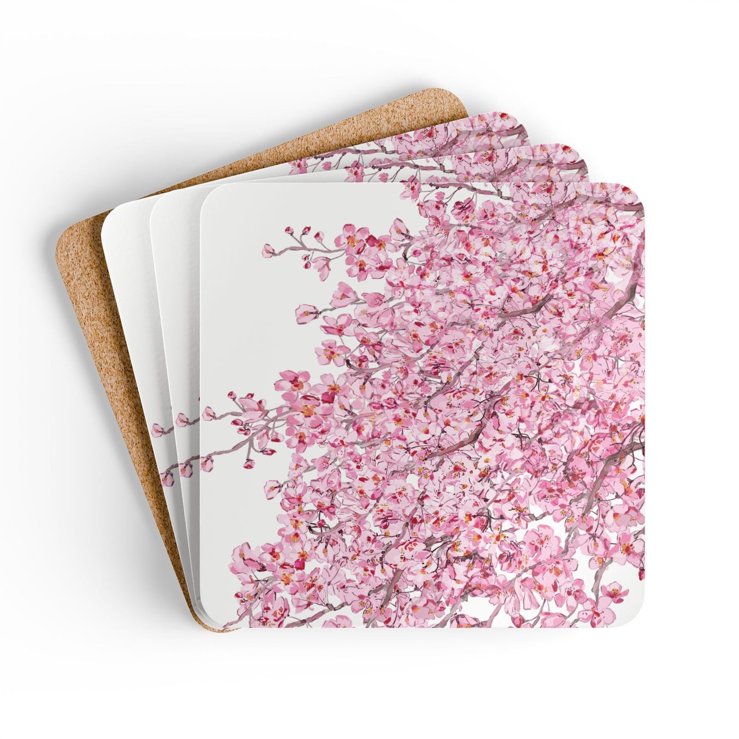 Cherry Blossom Cork Coaster Set - Elegant Drinkware Protection - Blue Cava