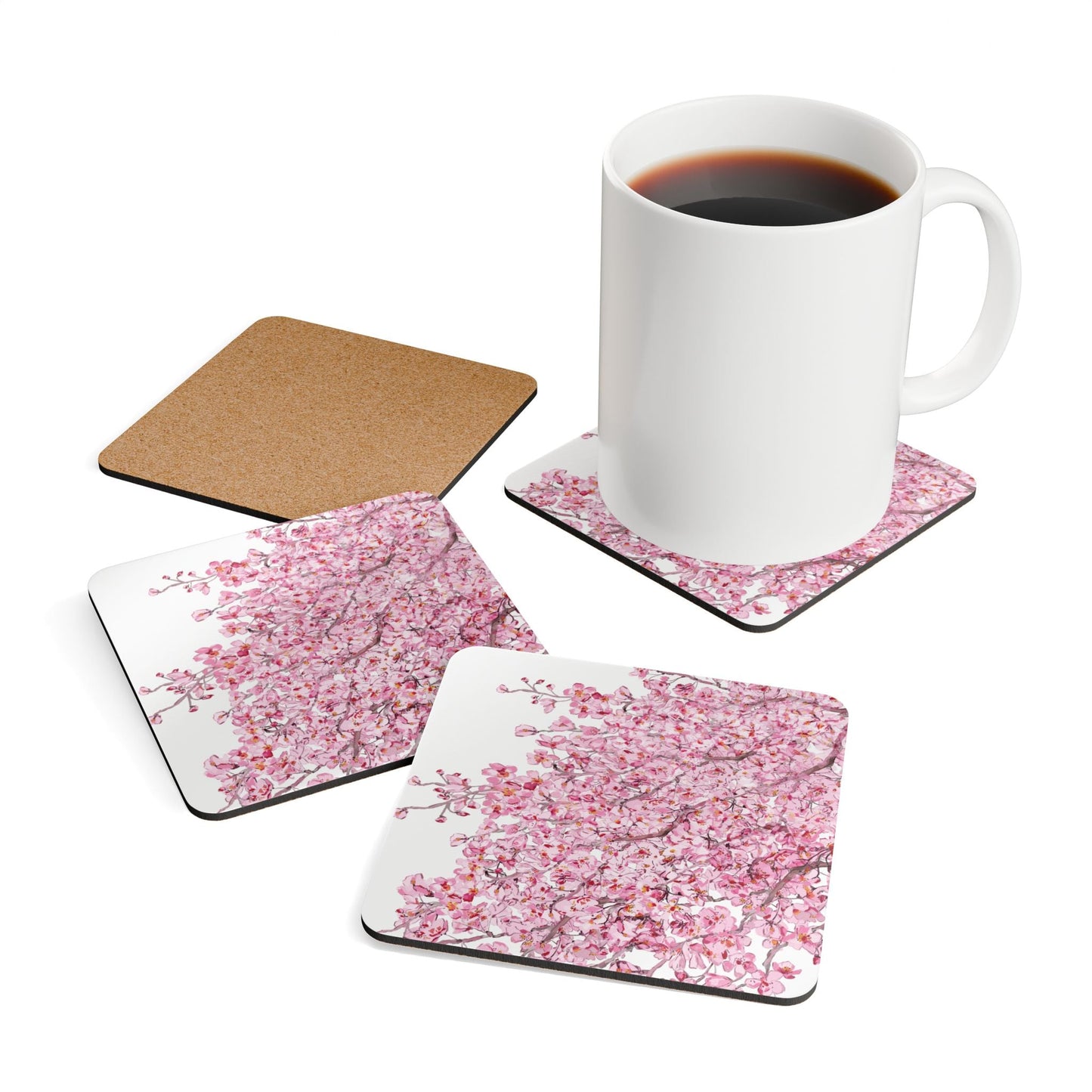 Cherry Blossom Cork Coaster Set - Elegant Drinkware Protection - Blue Cava