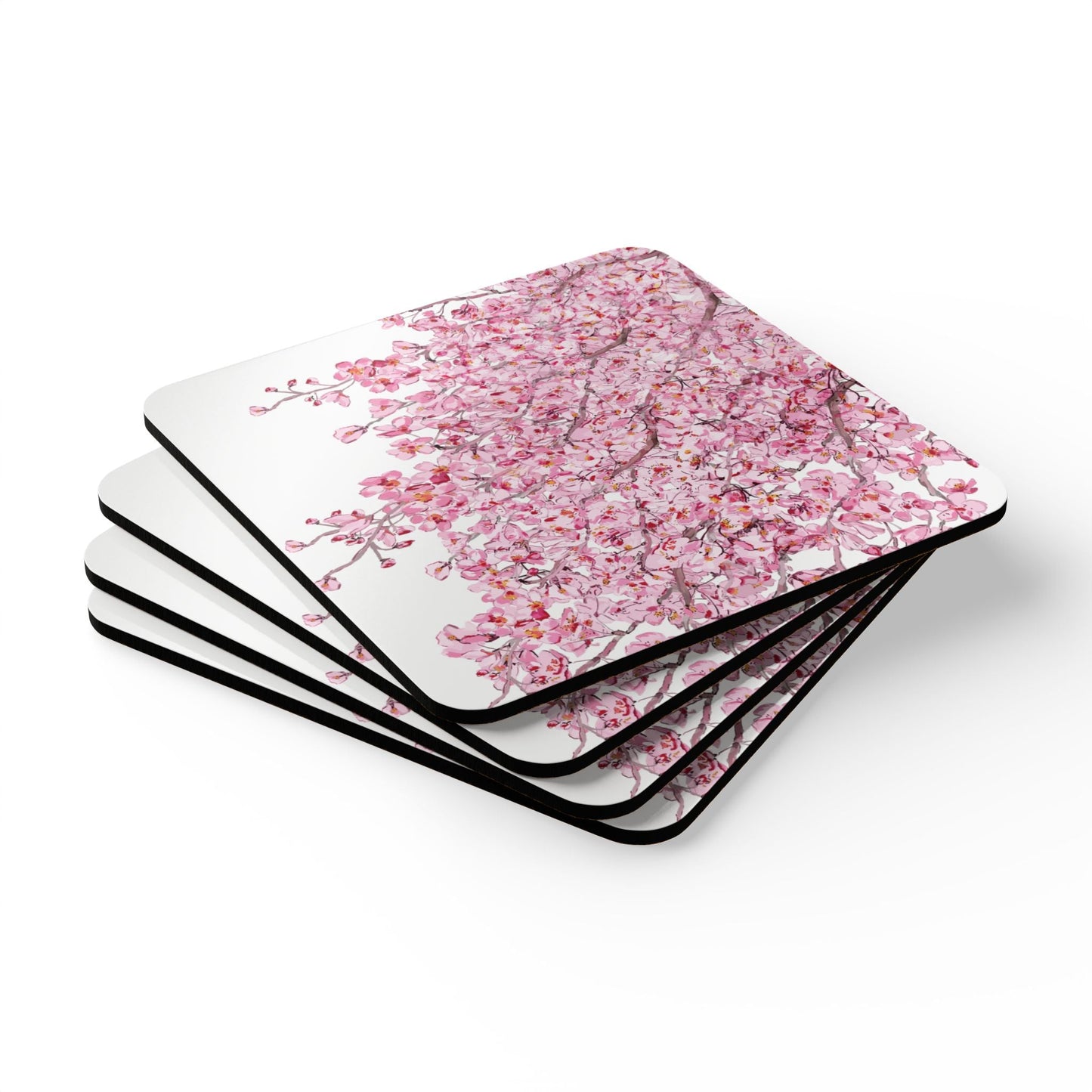 Cherry Blossom Cork Coaster Set - Elegant Drinkware Protection - Blue Cava