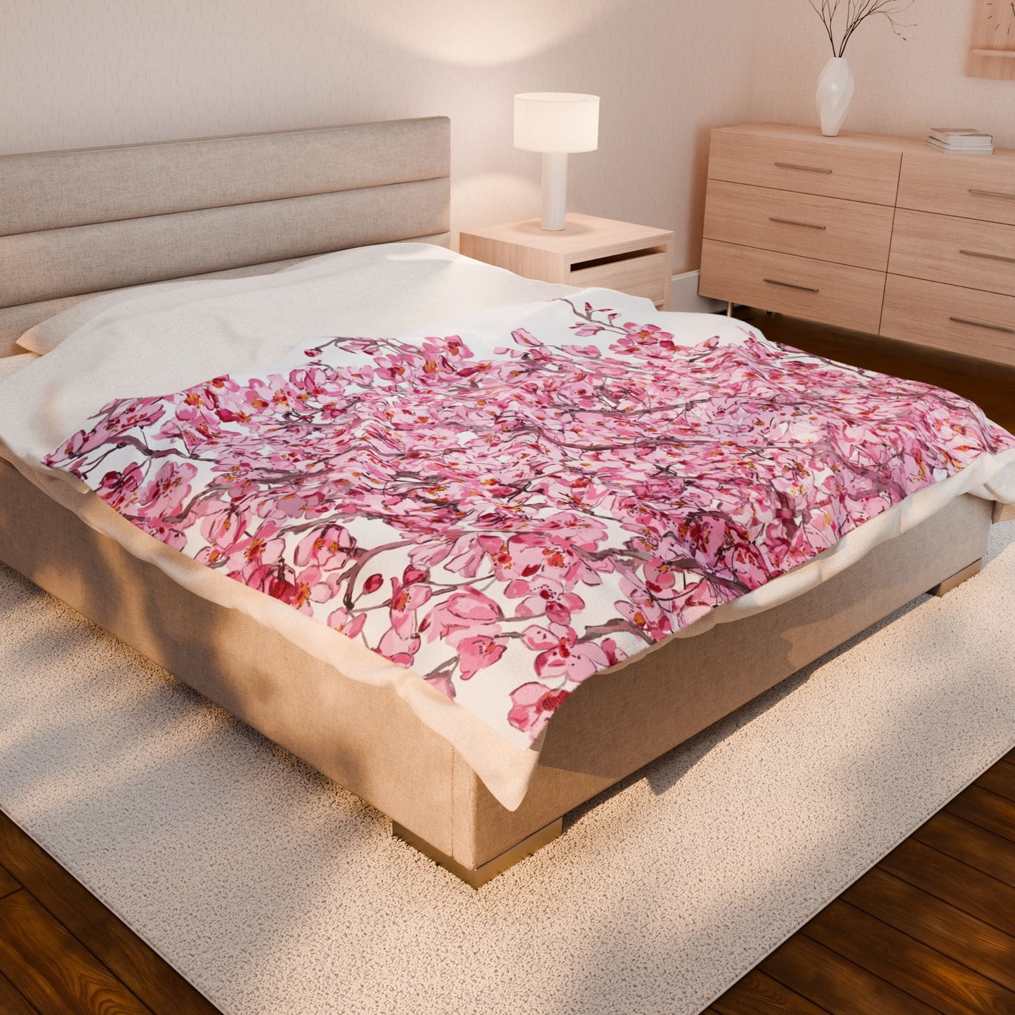 Cherry Blossom Velvet Plush Blankets - Cozy and Elegant Floral Throw - Blue Cava