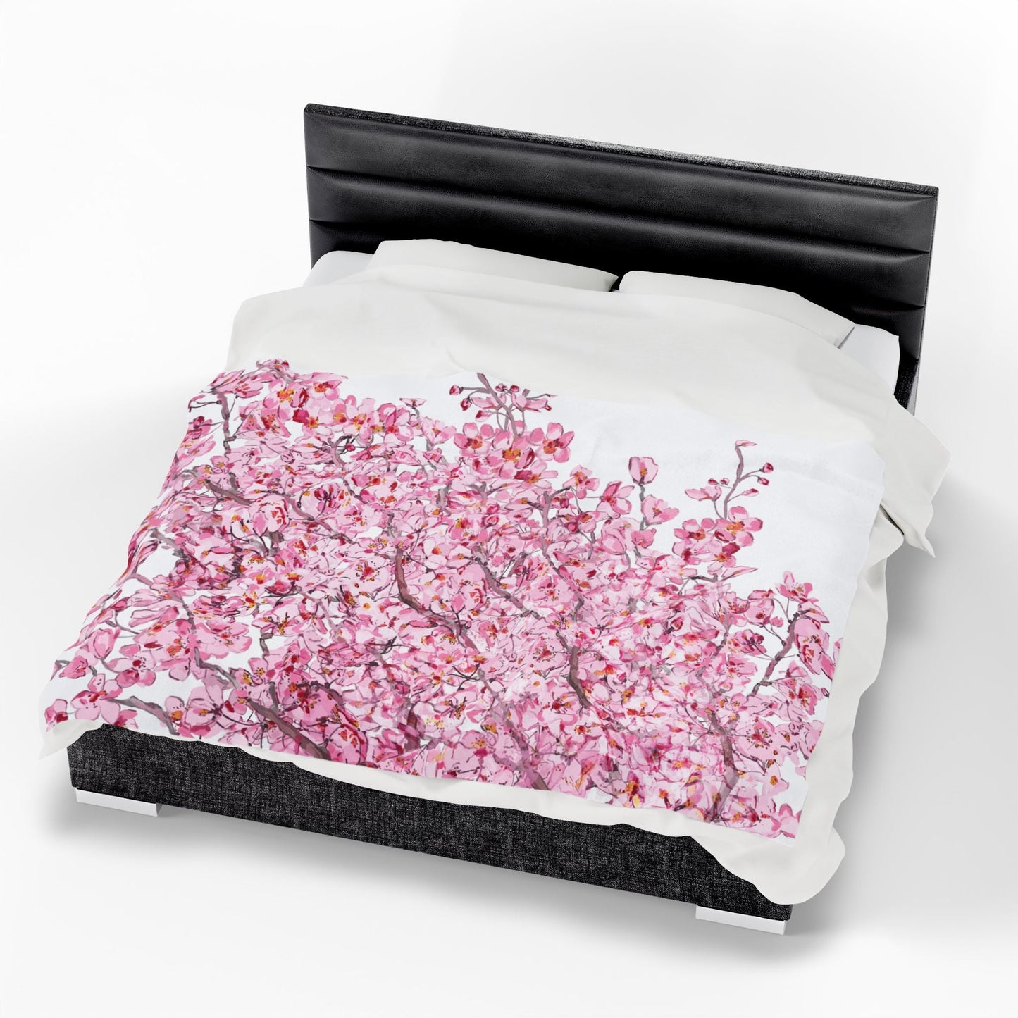 Cherry Blossom Velvet Plush Blankets - Cozy and Elegant Floral Throw - Blue Cava