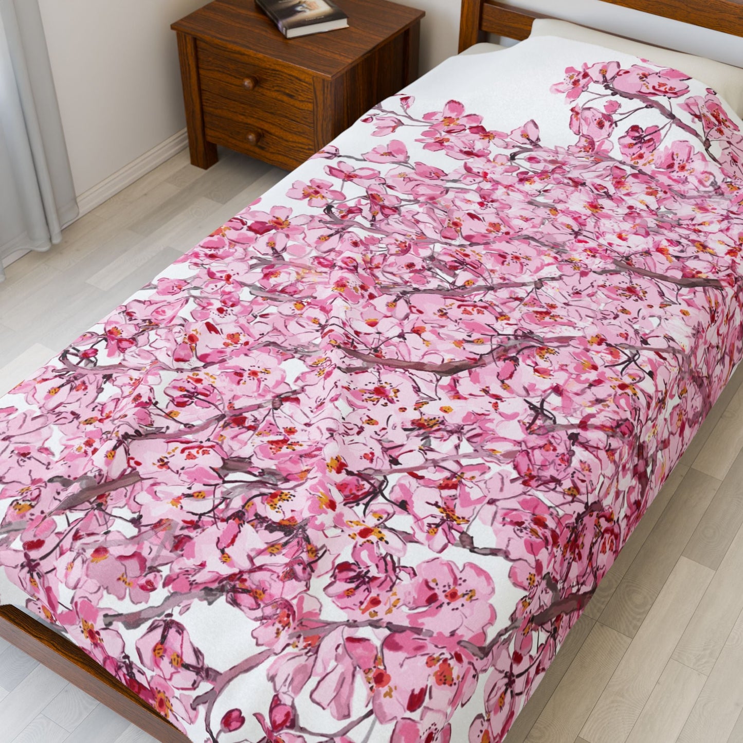 Cherry Blossom Velvet Plush Blankets - Cozy and Elegant Floral Throw - Blue Cava
