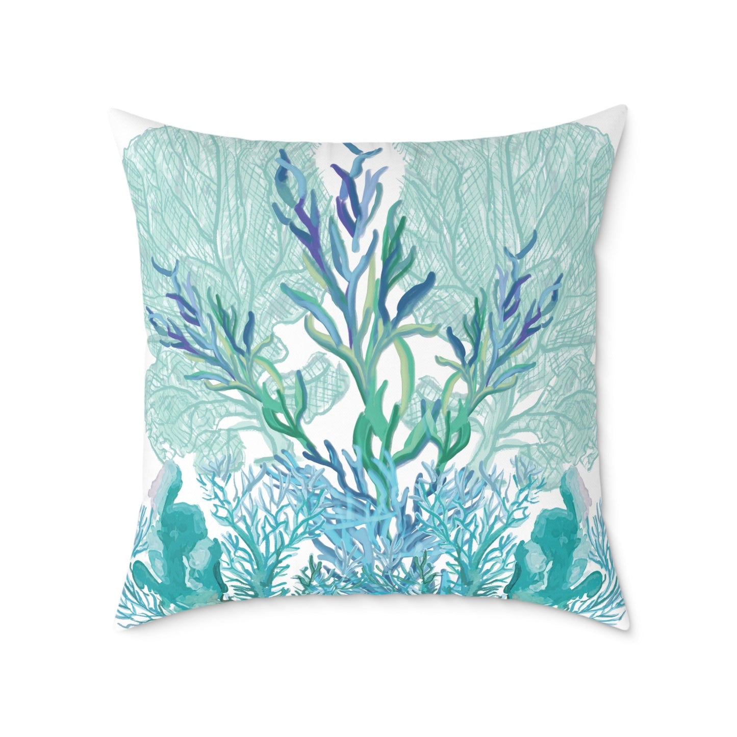 Coastal Coral Pillow - Ocean Inspired Square Poly Canvas Cushion - Blue Cava