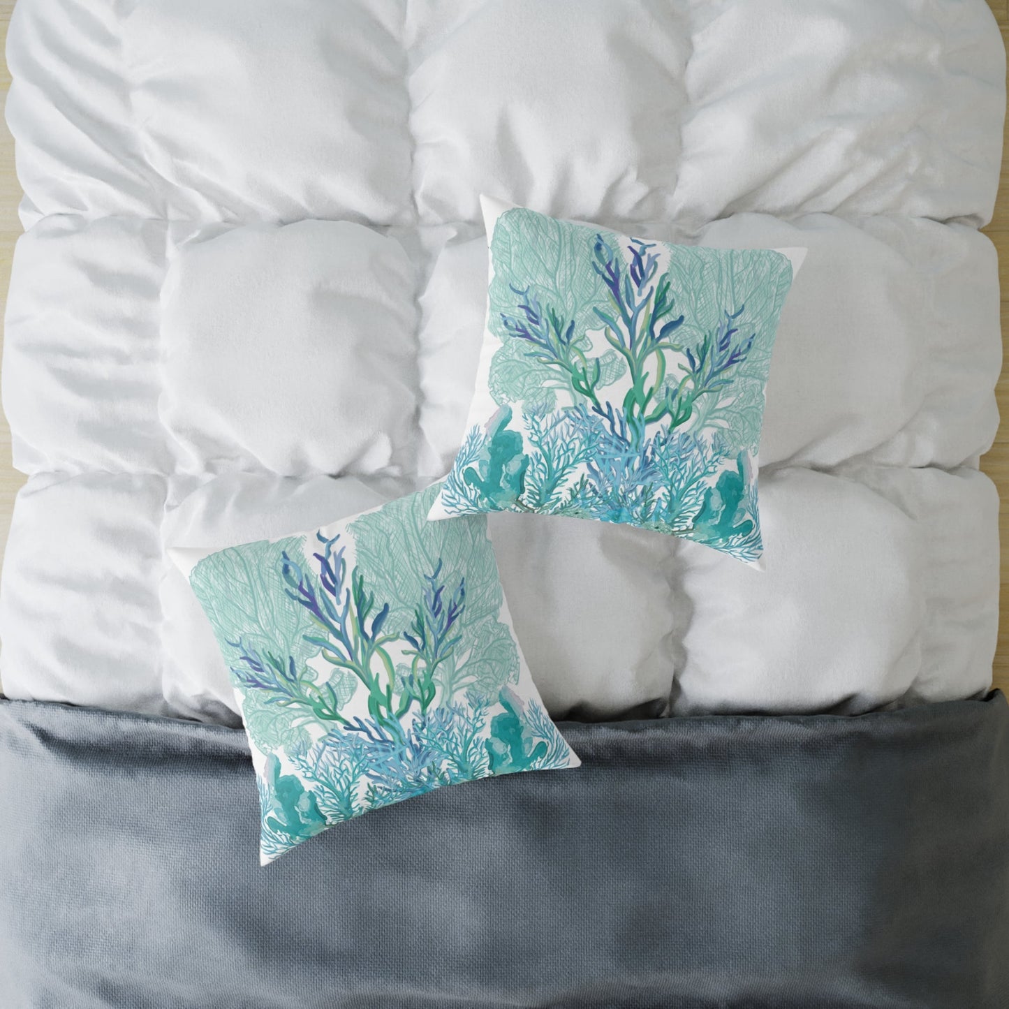 Coastal Coral Pillow - Ocean Inspired Square Poly Canvas Cushion - Blue Cava