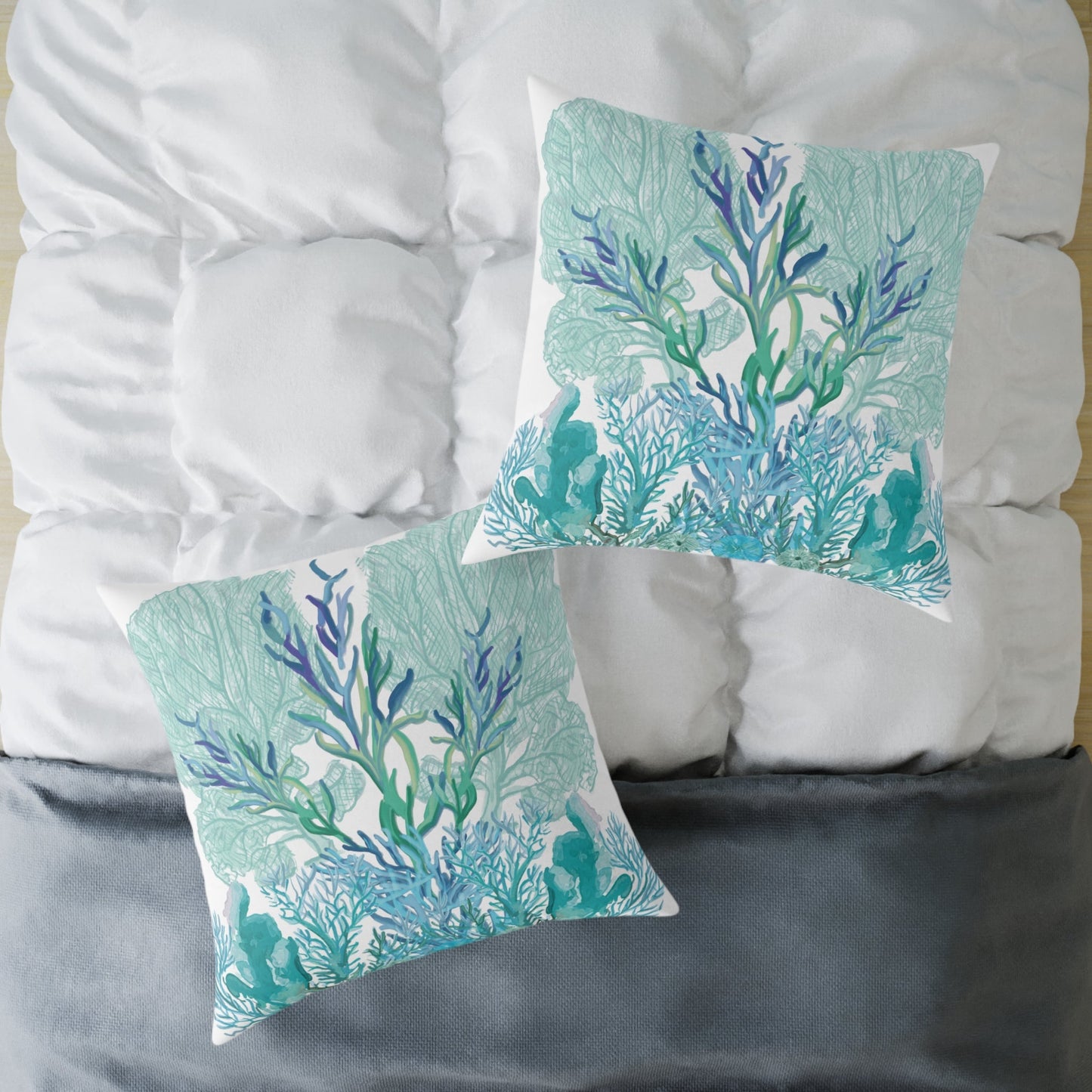Coastal Coral Pillow - Ocean Inspired Square Poly Canvas Cushion - Blue Cava