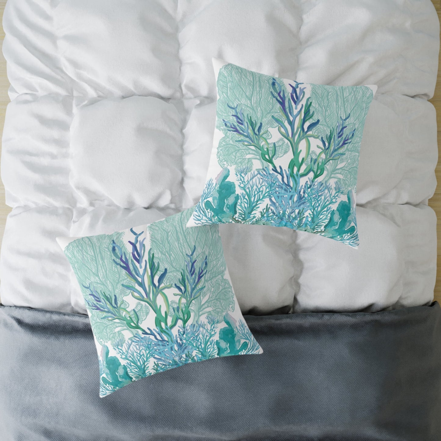 Coastal Coral Pillow - Ocean Inspired Square Poly Canvas Cushion - Blue Cava