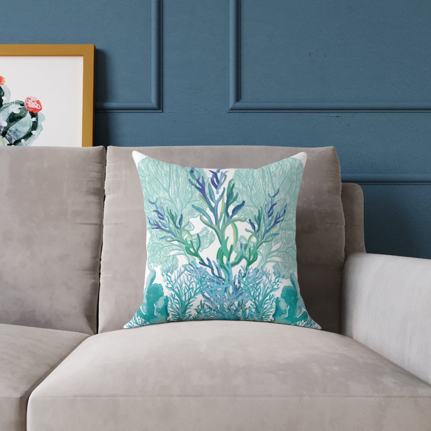 Coastal Coral Pillow - Ocean Inspired Square Poly Canvas Cushion - Blue Cava